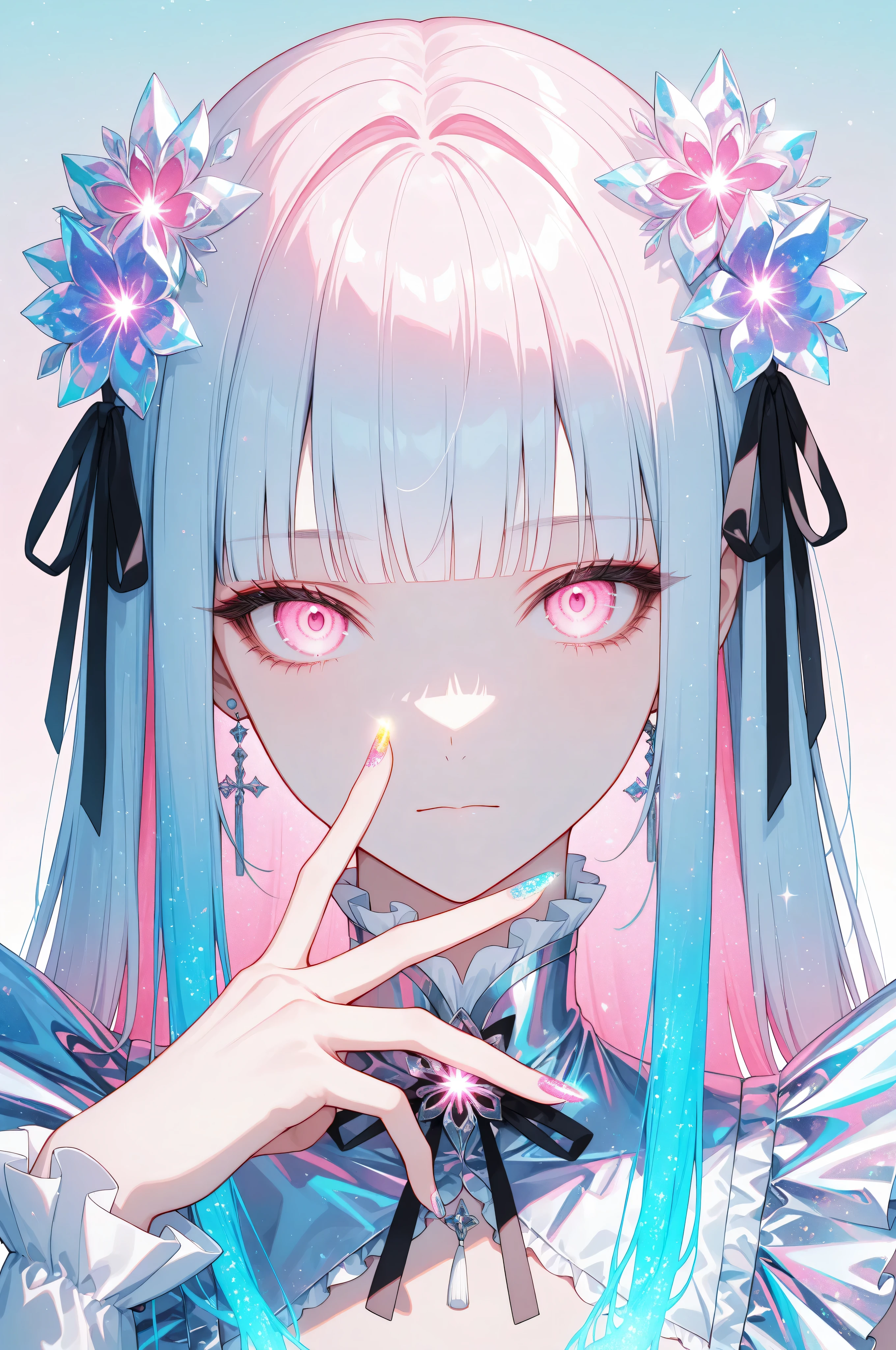 woman, solo, holofoil nails, looking at viewer, holographic, holofoil glitter, glowing, bangs, pink eyes, long hair, neon hair, glowing hair, hair ornament, hand up, flower, blunt bangs, closed mouth, tassel, ribbon, portrait, ethereal, pastel gradient background, frills, multicolored hair, upper body,
