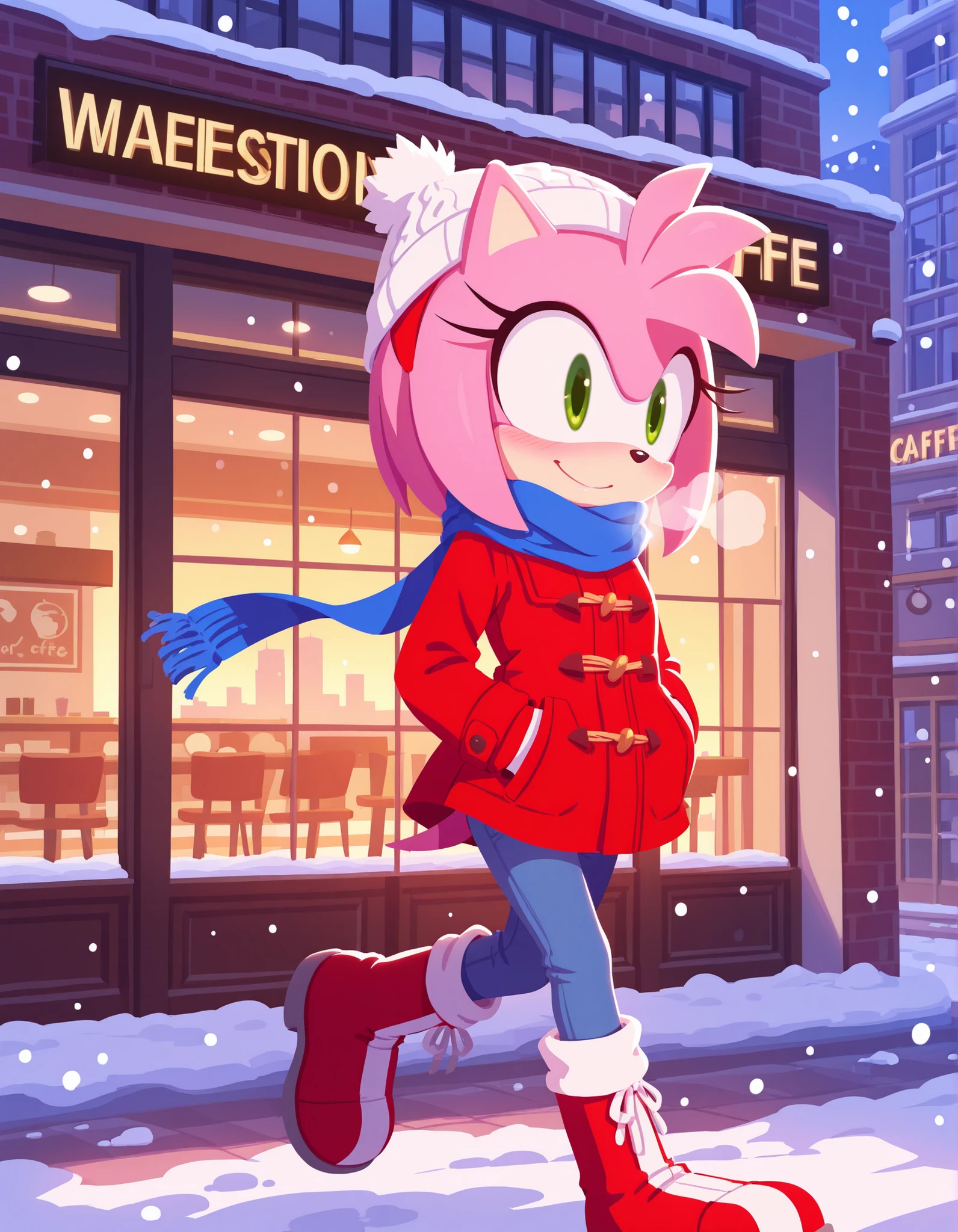 no lineart,, masterpiece, best quality, amazing quality, very aesthetic, absurdres, sonic (series), solo, sonicchann3l, Amy Rose, petite, blush, smile, breath, red parka, blue scarf, jeans, red boots, white knit hat, hands in coat pockets, walking, snowflakes, snowing, cafe, looking to the side, storefront, city, dawn, dynamic angle