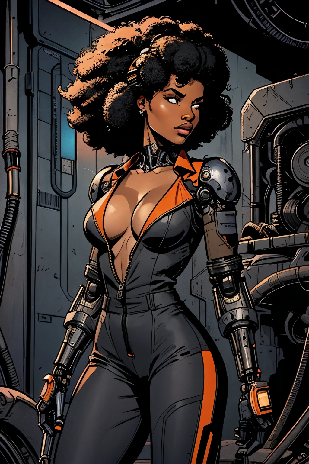 a beautiful black woman with black afro cornrows hairstyle,A gorgeous female mechanic in an atompunk style, with a blank background, wearing an unzipped orange jumpsuit revealing cleavage, featuring a mechanical hand and cybernetic augments, in a retro-futuristic setting with gunmetal grey tones,