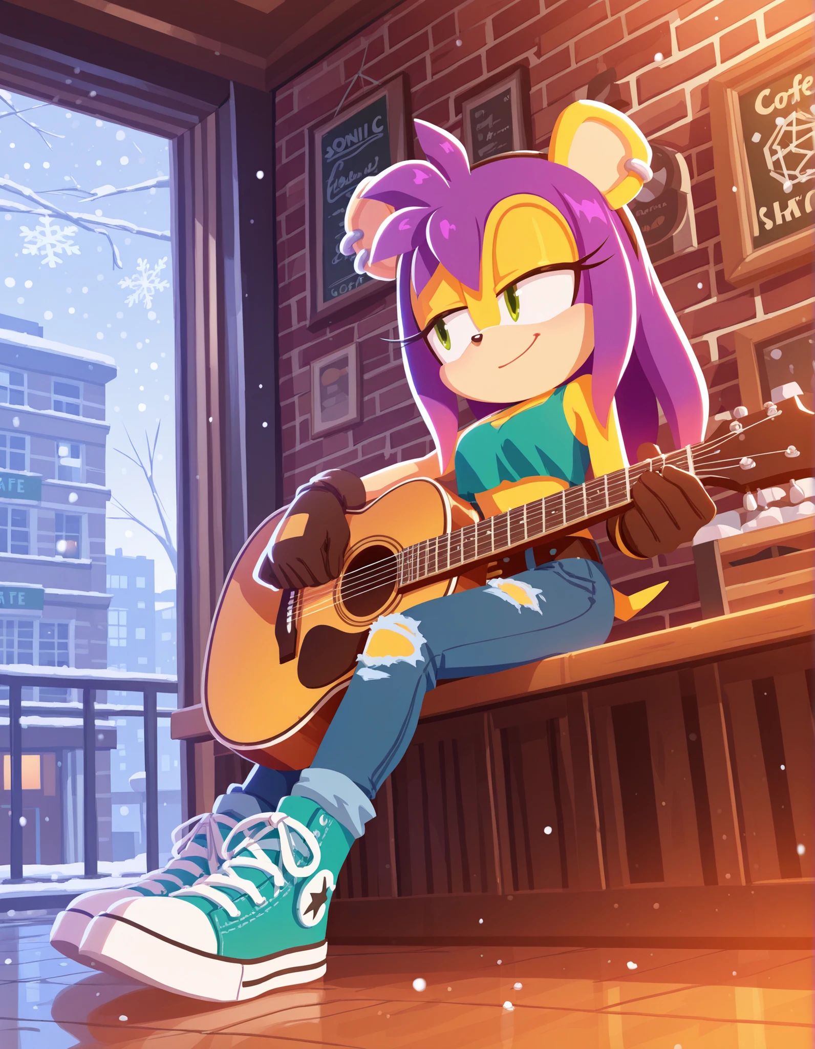 no lineart,, masterpiece, best quality, amazing quality, very aesthetic, absurdres, scenery, sonic (series), solo, mina mongoose, yellow fur, green eyes, purple hair, earrings, smirk, crop top, torn jeans, belt, gloves, holding guitar, acoustic guitar, converse, sneakers, teal footwear, snowflakes, snowing, indoors, cafe, storefront, city, window, sitting, looking away, dutch angle, dynamic pose