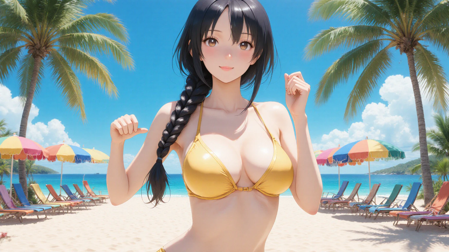 a 3D woman anime in a bikini and hat posing on a beach, beautiful asian girl, gorgeous chinese model, japanese goddess, jaw-dropping beauty, with hat, beautiful asian woman, asian girl, oppai, japanese model, attractive pose, jaw dropping beauty, with beautiful exotic, chinese girl, sexy girl, beautiful south korean woman, chest up bust shot, 18 years old