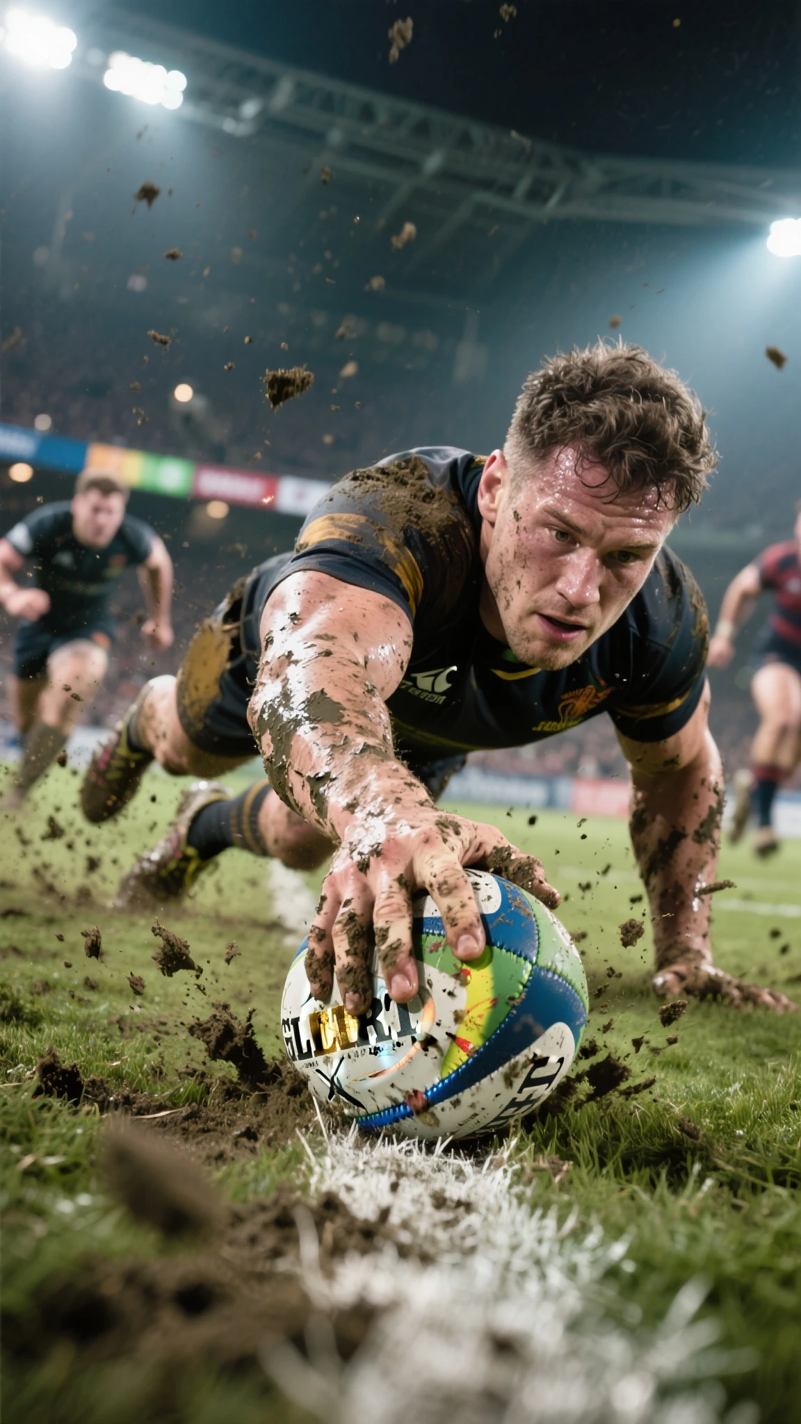 Ultra-realistic rugby dive, ground-level close-up of a player pressing the ball on the try line, dramatic sideline lighting, sweat and mud on skin, blurred defenders chasing behind, cinematic shallow depth of field, flying dirt and grass particles, scraped knuckles gripping the ball, torn jersey fibers and muddy cleats, raw tension frozen at the final reach of victory.