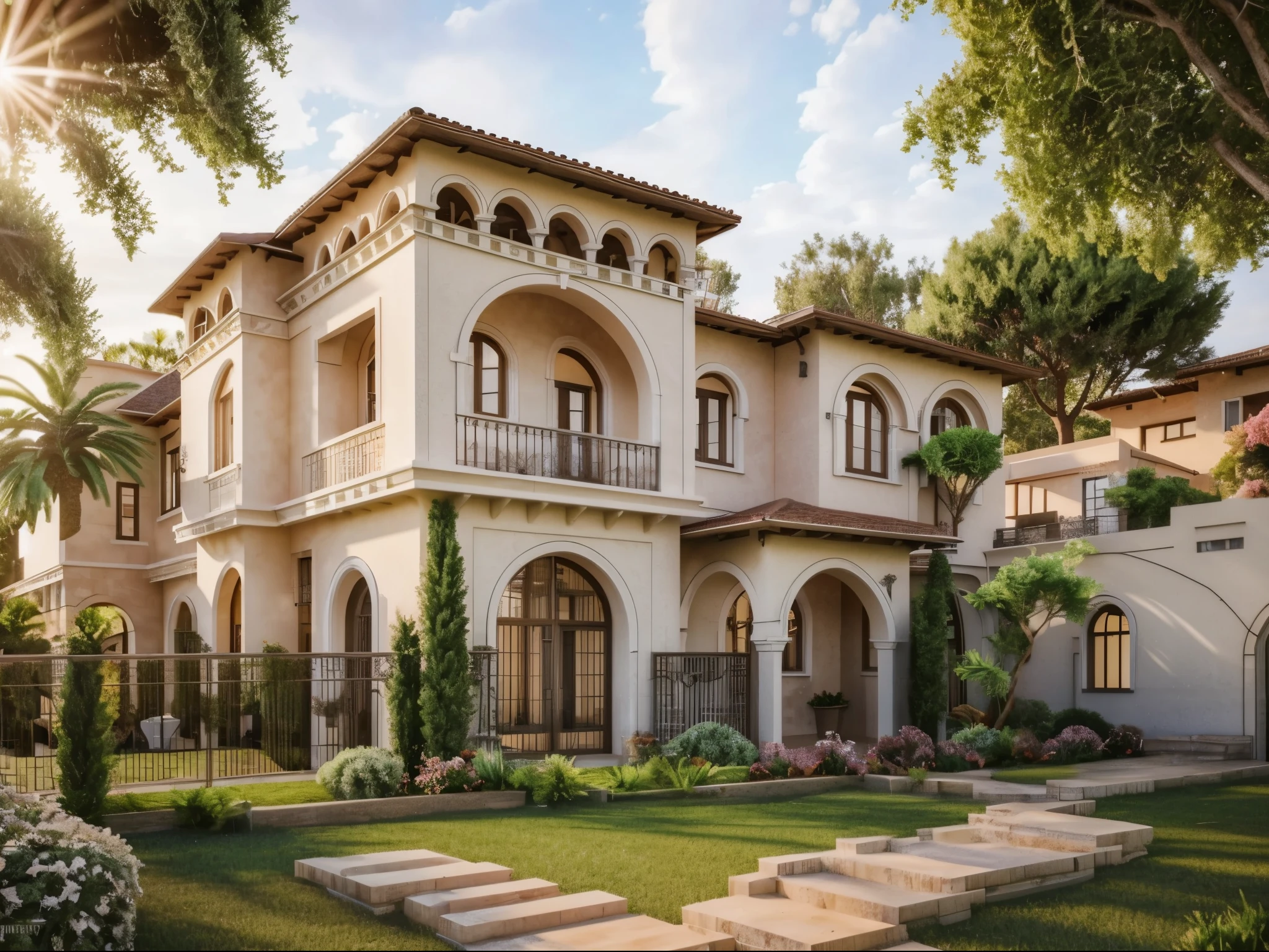 (Mediterranean Revival house ,close houses and trees), (Mediterranean Revival style architecture) daylight ( best quality) ((high solution)) ,(( photo realistic)) ,warm light, soft lighting, warm atmosphere,high Resolution, hyper detailed,4k ,vray render, octane render, hyper realistic, photography expert ,exterior design , professional photography, exterior photography,wide-angle shot , ultra detail , high Resolution , full frame, full body