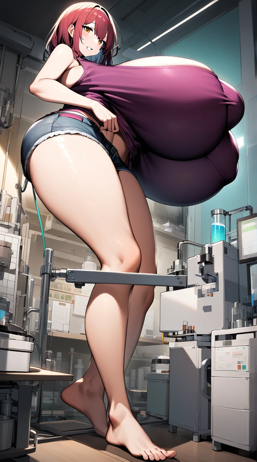A Female mature robot exposes her inside mechanical organ. she wears white one-piece. Her Brown very short pigtails is tied with two big red clothespins, masterpiece, mature, android, blue eyes, full body, Height: 160cm, flushed cheeks, Uplifting, No NSFW, whole body, barefoot, archaic smile, getting orgasm, sweat bucket. full body shot, floating hair, looking straight. multiple girls. robot made of naked equipment, Japanese 2000's animation style. A middle-aged android with blue eyes. Her brown short pigtails are very short and tied with two big red clothespins. She has archaic smile. She is still under construction. She wears short pale ware. She can do a handstand. She looks over heated. her legs up.