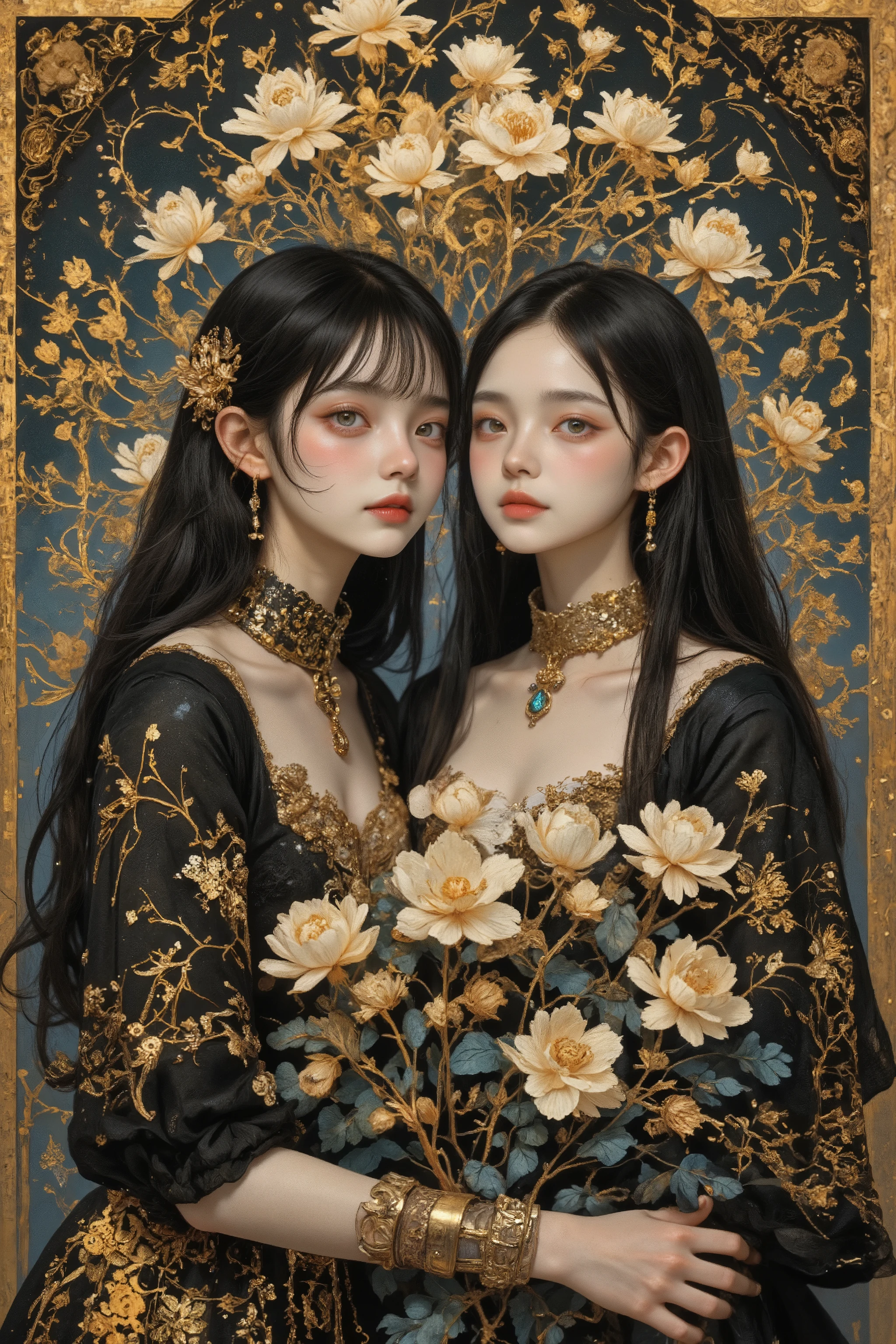 Ultra-high-quality portrait in the artistic style of Gustav Klimt, but with a photorealistic approach. Two royal sisters with black hair, portrayed with natural, lifelike facial features and realistic skin texture. They wear elegant dresses accented with floral ornaments and subtle golden details, blending realism with Klimt’s decorative elegance.
The color palette emphasizes warm gold and black tones. Their luminous skin shows natural pores and softness, avoiding an overly artificial look, while still glowing under professional cinematic lighting.
The background is ornate and luxurious, decorated with Klimt-inspired golden patterns, subtle mosaics, and swirling motifs, but rendered in a more realistic, three-dimensional style.
Sharp focus on the sisters’ faces and upper bodies, with soft bokeh around the bouquet and background. 4K+ resolution, extremely detailed, combining photorealistic portraiture with Klimt’s ornamental richness for a cinematic, timeless composition.