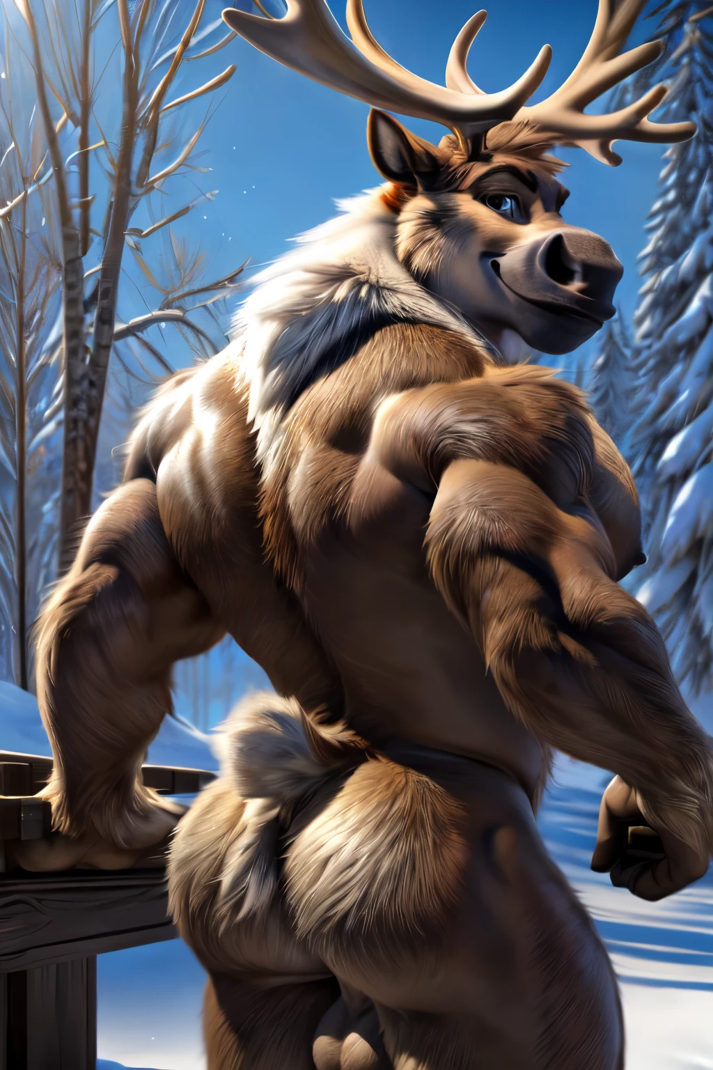((By Chunie)), ((By Zaush)) ((By Darkgem)), ((By Anhes)), (((Rear view))), handsome, sexy, hot, male furry anthro ((Reindeer)), ((Sven from Frozen)), ((realistic)), naked, outside, forest, snow, ((winter season)), male, male Reindeer, mammal, muscles, abs, pecs, naked, nude, nipples, nice nipples, bottomless, detailed, detailed features, detailed lighting, detailed shading, smirking, ((seductive smirk)), ((bedroom eyes)), detailed, fur, detailed eyes, perfect eyes, ((smiling at viewers)), ((smirking at viewers)), ((looking at viewers)), ((posing)) ((sexy pose)), standing, big muscles, big male, hot male, sexy male, sexy body, hot body, athletic body, naughty expression, ball tuffs, tuffs, pubes, pubic hair, penis, balls, big muscles, big pecs, big biceps, big muscles, huge male, big muscular male, butt, ass, rear, behind, nice butt, backsack, smooth balls, ((lust)), ((desire)), ((horny)), (sexy)