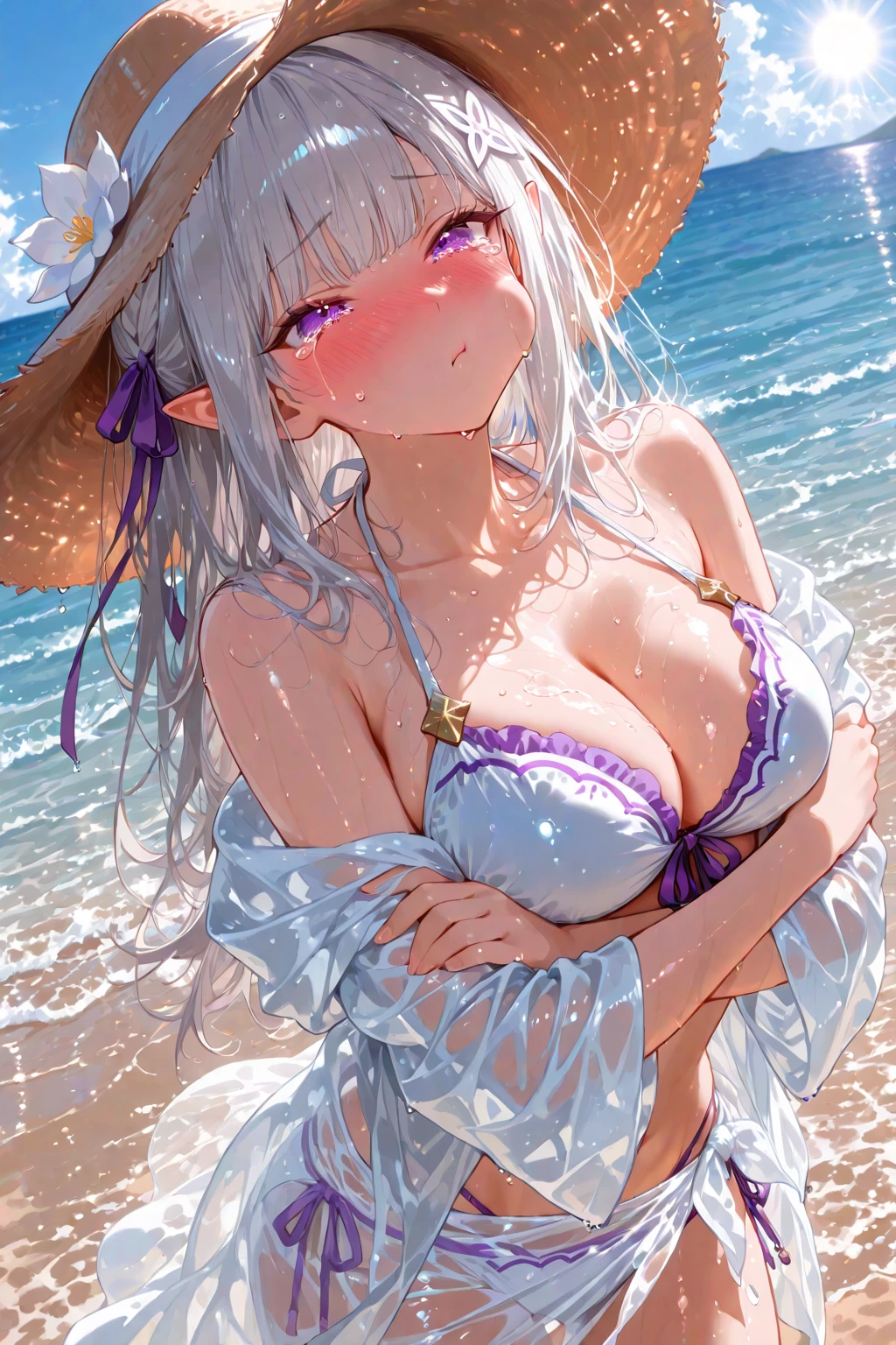 Kizi， full bodyesbian，White color hair，Two ponytails，Red eyes ，very detail eyes，Very detailed hair，（A white bikini）， kneels on the ground， On the beach，Tiptoeing，opening legs，M-shaped legs， （Be red in the face：1.2）， Stick out your tongue，Hands holding your head out of sight，Fingers are blocked， （Moisturizes the body1.2），White liquid，（ Perspective below），（Sagging breasts1.2），（Huge breasts 1.2），（Anatomically correct 1.3），briefs exposed，Bra exposed，（white stockings），high-heels，Open crotch tong，（Wet with all over the body），Wet underwear，Cloudiness of facial fluid，There is a lot of white liquid on the thighs，There is a lot of white liquid under the panties，There is a lot of white liquid on the ground，（extremaly detailed cg），8K，The is very detailed，（A high resolution），（very detail eyes，Very detailed hair） --auto