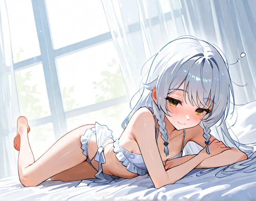 (masterpiece, best quality), bedroom, 1girl, petite, loli, slim, (polka dot crop top, white panties), in a colorful bedroom, sitting on bed, wake up, stretch arms, messy hair, eyes closed, smile, wide angle, morning, bright sunlight, backlight, white, vibrant colors, watercolor