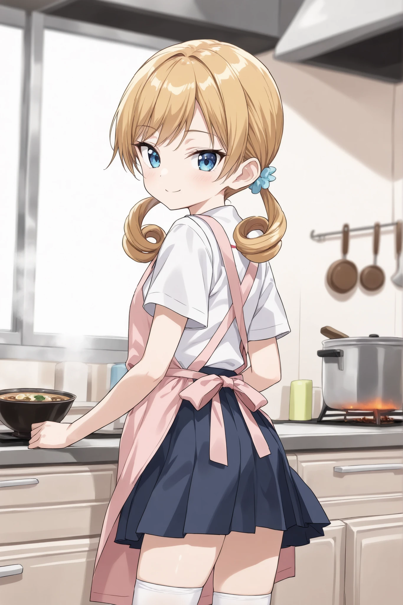 a high-quality digital drawing, clean and sharp details, anatomically correct, 1girl, (masterpiece), (8k quality), (top rated on pixiv), ((safe for work)), (depth of field), ((score_9)), ((littlegirl)),
break,
((small round face)), ((fair skin)),
break,
((long golden hair)), ((curly pigtails)), ((detailed blue eyes)), ((tsurime)), smooth bangs,
break,
((japanese middle school summer uniform)), ((white thigh-high socks)), ((pink apron)), ((slim build)),
break,
((from behind)), ((cowboy shot)), ((1boy)), ((beautiful smile)), ((looking at viewer)), ((boiling soup)), ((light blush)), ((morning glow)), ((detailed kitchen))