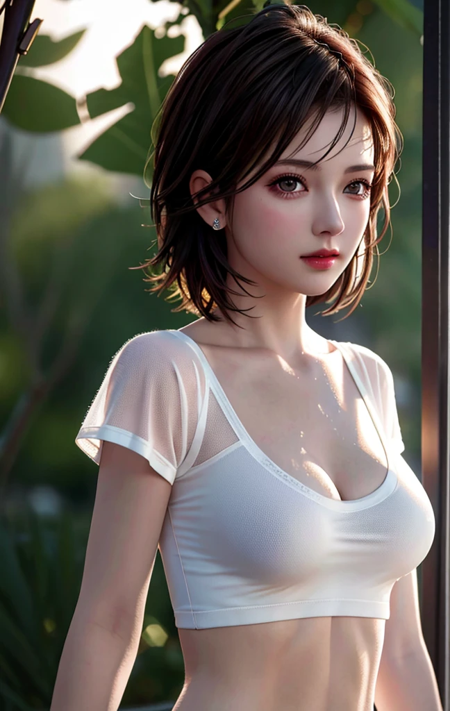 ((((masterpiece, best quality, high resolution)))), Extremely detailed 8K, Beautiful girl with voluptuous body pose in the rain forest, heavy rain, (Realistic silver hair), (short wavy hair, bob cut, earrings), (embarrassed), nipples, (beautiful face), smile, blush, masterpiece, best quality, CG, HDR, illustration, wallpaper, absurdres, high-definition, extremely detailed, (fox), (extremely tight wet tshirts:1.2), ((highleg panties)), ((high heels)), fox ears, fox tail, detached collar, glossy lips, (Ultra HD, Ultra-detailed, Highly detailed, Highly realistic, Ultra-realistic, photograph realistic)