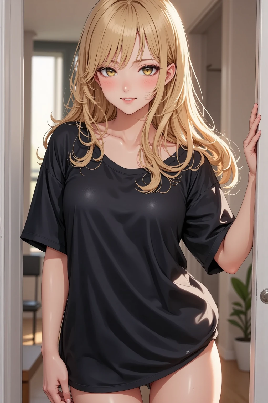 ((1 girl)), (Loungewear), good morning, cute, My Room, Loungewear, cute妹, Cowboy Shot,((Very detailed,highest quality, High resolution, 8k wallpaper, Beautiful clothes,)),((Blonde Hair, Long Hair,Straight hair)),Secure your bangs with hairpins,Open your mouth wide,teeth, blush , (Red eyes),eye shadow, eyeliner,Glow Eye, Very detailedな目, Beautiful Eyes, 14-year-old girl.