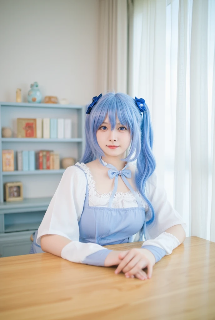 (tmasterpiece:1.2),Best quality at best,A high resolution,Unity8k wallpapers,(illustratio:1),perfect litthing,extremely detremely detailed CG,finely detailled,The is very detailed,soft lighting and shadows,Soft yet eye-catching lighting,filmgrain:1.2,(skin pore:1.2),(Detailed skin texture:1),((Alone:1.5)),详细的脸, Slim,employment \(genshin impact\), 1个Giant Breast Girl, Blue hair, Alone,looking at viewert,a purple eye, By bangs,
