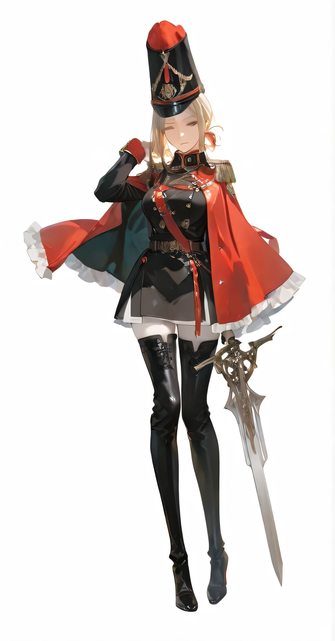 748cmstyle,rimixa,Hype4realistic，masterpiece after sex , 最high quality , high quality , are very aesthetic , latest , landscape , volumetric lighting , Depth of field , 1girl、alone, high resolution，Very detailed，AMAZING QUALITY ，Ultra HD photography, 完美masterpiece after sex, Delicate and Delicate, 金色short hair,Blonde Female, short hair, , No Headwear，No animal ears，Mature and charming, fair skin,military uniform,  uniform seduction, Wearing a hat,  with a sword in hand，Red shawl， soft light and shadow, moist skin, Depth of field效果,  Elegant aristocratic style ， a mature and elegant woman with a ponytail  ,  Moist glossy texture , Stunning posture, Elegant Pose，Depth of field虚化, noble temperament，Extreme Picture Quality, perfect composition, Subtle details, 