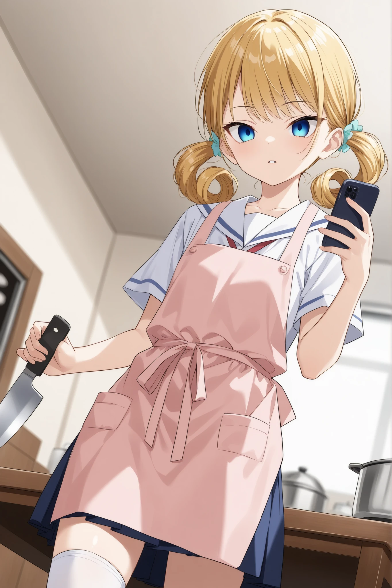 a high-quality digital drawing, clean and sharp details, anatomically correct, 1girl, (masterpiece), (8k quality), (top rated on pixiv), ((safe for work)), (depth of field), ((score_9)), ((littlegirl)),
break,
((small round face)), ((fair skin)),
break,
((long golden hair)), ((curly pigtails)), ((detailed blue eyes)), ((tsurime)), ((yandere eyes)), smooth bangs,
break,
((japanese middle school summer uniform)), ((white thigh-high socks)), ((pink apron)), ((slim build)),
break,
((from below)), ((cowboy shot)), ((standing in front of table)), ((holding phone)), ((holding kitchen knife)), ((scary expression)), ((morning glow)), ((detailed living room))