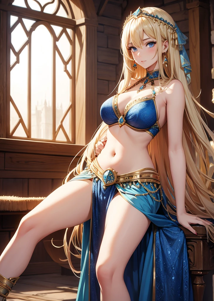 masterpiece, best quality, highly detailed, ultra high res, ayase arisa, 1girl, solo, hair ornament, long blonde hair, glossy lips, medium breasts, aqua eyes, ponytail, palace throne room, harem dancer, belly dancer