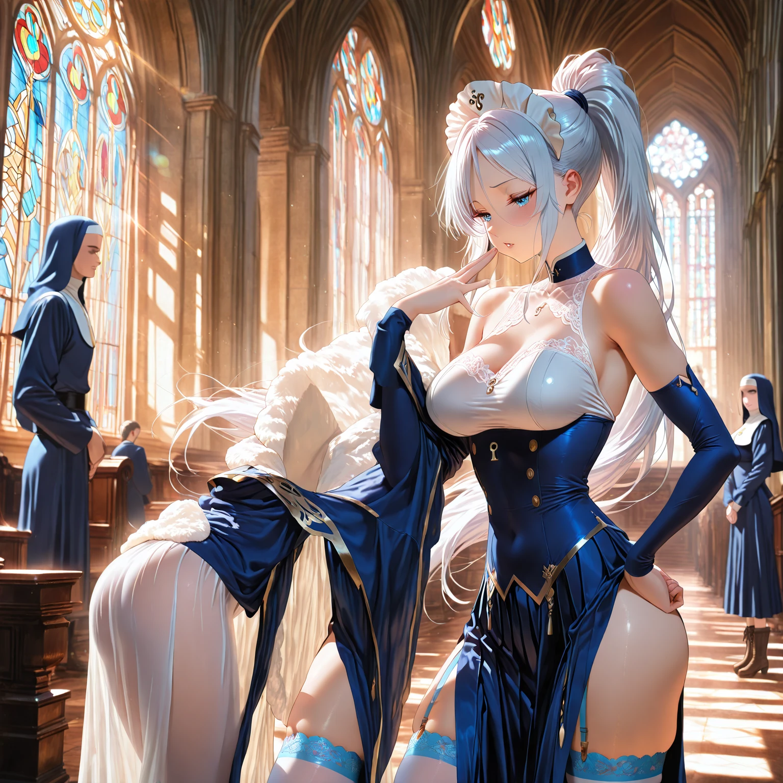 (masterpiece:1.8),(highest quality:1.8),(Very detailed:1.8),(8k:1.8),(Ultra-fine Illustration:1.5),,,Straight low twintail,Flat Chest,Small Ass,(High-grade metallic silver,,lingerie:1.4),(Prayer Pose:1.5),Vintage sofa,,(Full body angle), church,Stained glass, Rainbow Gradient,