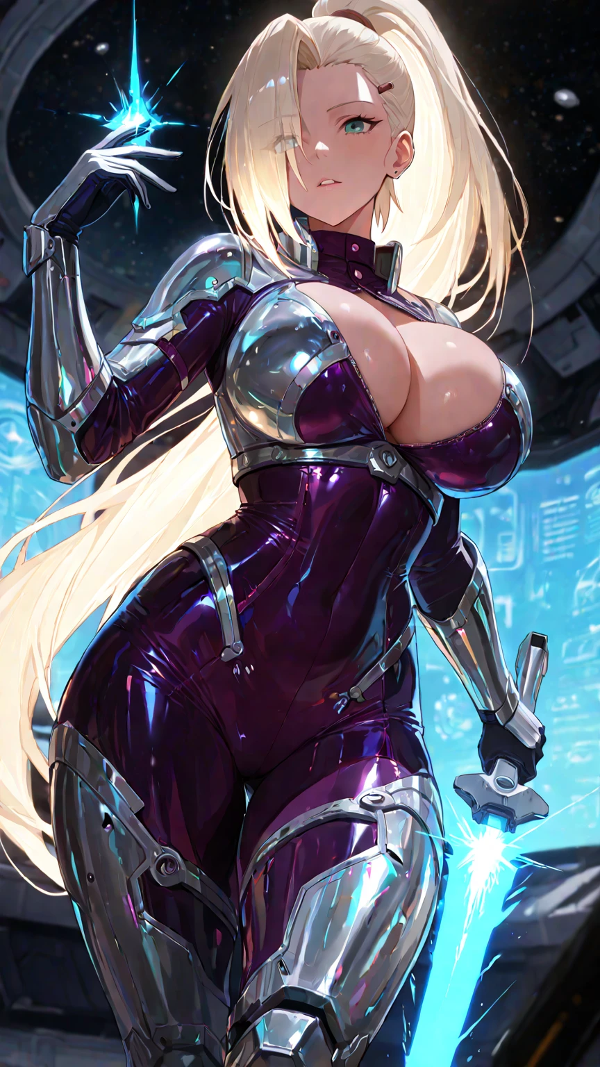 beautiful detailed 20 years old female, beautiful face, wearing Futuristic Casual Wear: Sleek jumpsuits with holographic elements and utility belts for a high-tech look, blonde hair, curvy body, ultra large sagging breasts, massive cleavage exposed, huge buttock