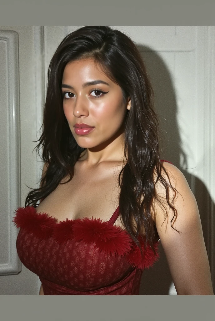 [white-skinned woman:1.2, long curly hair:1.2, elegant red dress, deep neckline, snub-nosed, bright brown eyes], awesome breasts, VSCO filter: C8)