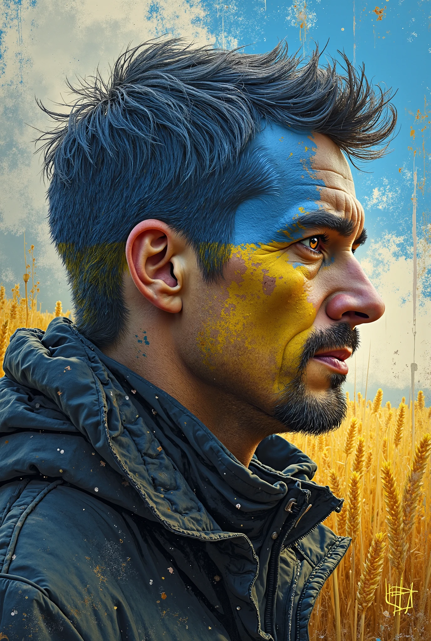 Un homme au yeux bleu, torse nu, pas trop musclé dans un champ de tournesol avec un casque de moto sur la tête 