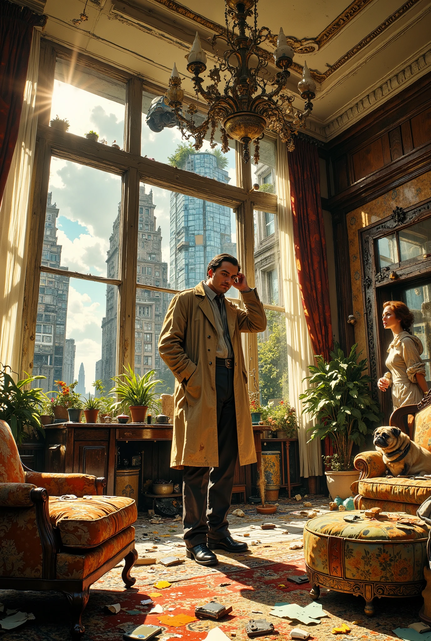 A cinematic, large-format, detailed, photorealistic shot from a 1970s movie. Lieutenant Columbo, in his trademark baggy rumpled beige trench coat, stands in the center of the luxurious, sun-drenched living room of an Art Deco penthouse. He looks deeply confused, scratching his head. The scene is an absurd mess: all the luxury interior items are in disarray.The pug on the couch watches the hapless detective with disdain. Outside the panoramic window, his dilapidated Peugeot 403 is miraculously parked on the vertical side of the building, defying gravity. The real killer, an elegant socialite in a luxurious dress, watches from the doorway with an expression of extreme irritation and disbelief on her face, holding a smoldering cigarette in her hand. The plot: A shot from a lost episode of the classic 1970s TV show Columbo, directed by Wes Anderson and Jean-Pierre Jeunet. The mise en scene is replete with bizarre clues. Cinematic lighting, anamorphic lens flare, muted color palette interspersed with accent colors.