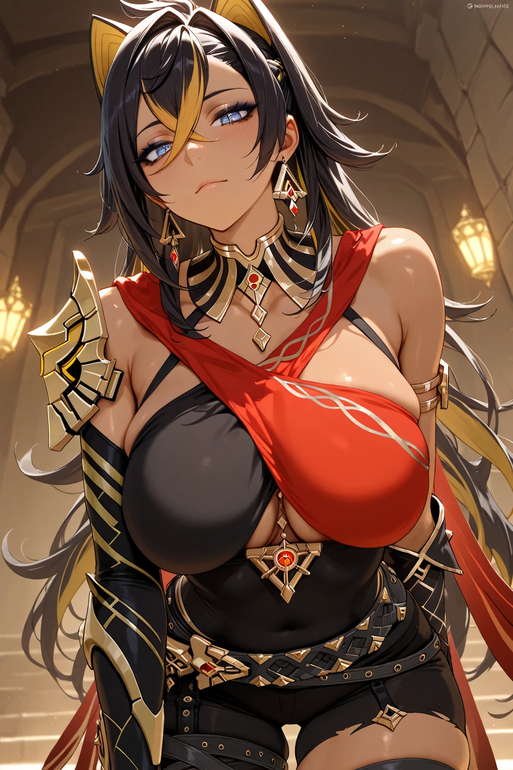 ((((((outstretched hands, out stretched fingers, outstretched fingers)))))) black hair, bare shoulder, red eyes, very long hair, cleavage, large breasts, dress, showgirl skirt, high-leg, cleavage cutout, tiara, bare thighs, gauntlets, bare shoulder, bare nails, bare fingers, bare hands, good hands, best hands, Correctly aligned fingers, extremely detailed hands and fingers, ultra detailed hands and fingers, super detailed hands and fingers, perfect female hands and fingers, biologically accurate hands and fingers, (((4 fingers and 1 thumb accurate hands and fingers))), beautiful hands and fingers, hands and fingers drawing, human hand and fingers, perfect arrangement of fingers, detail focus hands, detail focus fingers, perfection hands, better hands, adult face, fearless face, (((both arms, two arms, both hands, two hands))), super fine illustration, masterpiece, masterwork, by famous artist, official art, ultra high res, best quality, high quality, Hand, detailed, perfect, perfection , hands, both hands is Thumb and index finger and middle finger and ring finger and little finger, even hands, panties, thighhighs, symmetrical bangs, gleaming skin, oil skin, shiny skin, wet skin, sweat, rouge, exquisite, beautiful,cg unity 8k wall paper, perfect face, ultra detailed beautiful face, perfect nose, perfect mouth, clear eyes, light eyes, perfect eyes, symmetrical eyes, even eyes, 16k, absurdres, perfect body, perfect anatomy, perfect proportion, perfect arms, perfect torso, symmetrical hands, symmetrical arms, open arms for viewer,