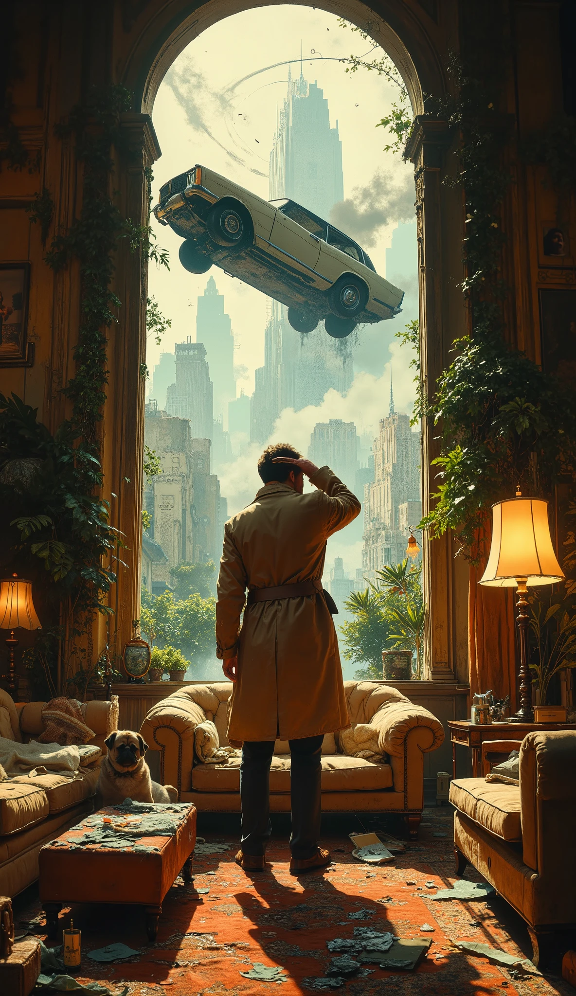 A cinematic, large-format, detailed, photorealistic shot from a 1970s movie. Lieutenant Columbo, in his trademark baggy rumpled beige trench coat, stands in the center of the luxurious, sun-drenched living room of an Art Deco penthouse. He looks deeply confused, scratching his head. The scene is an absurd mess: all the luxury interior items are in disarray.The pug on the couch watches the hapless detective with disdain. Outside the panoramic window, his dilapidated Peugeot 403 is miraculously parked on the vertical side of the building, defying gravity. The real killer, an elegant socialite in a luxurious dress, watches from the doorway with an expression of extreme irritation and disbelief on her face, holding a smoldering cigarette in her hand. The plot: A shot from a lost episode of the classic 1970s TV show Columbo, directed by Wes Anderson and Jean-Pierre Jeunet. The mise en scene is replete with bizarre clues. Cinematic lighting, anamorphic lens flare, muted color palette interspersed with accent colors.