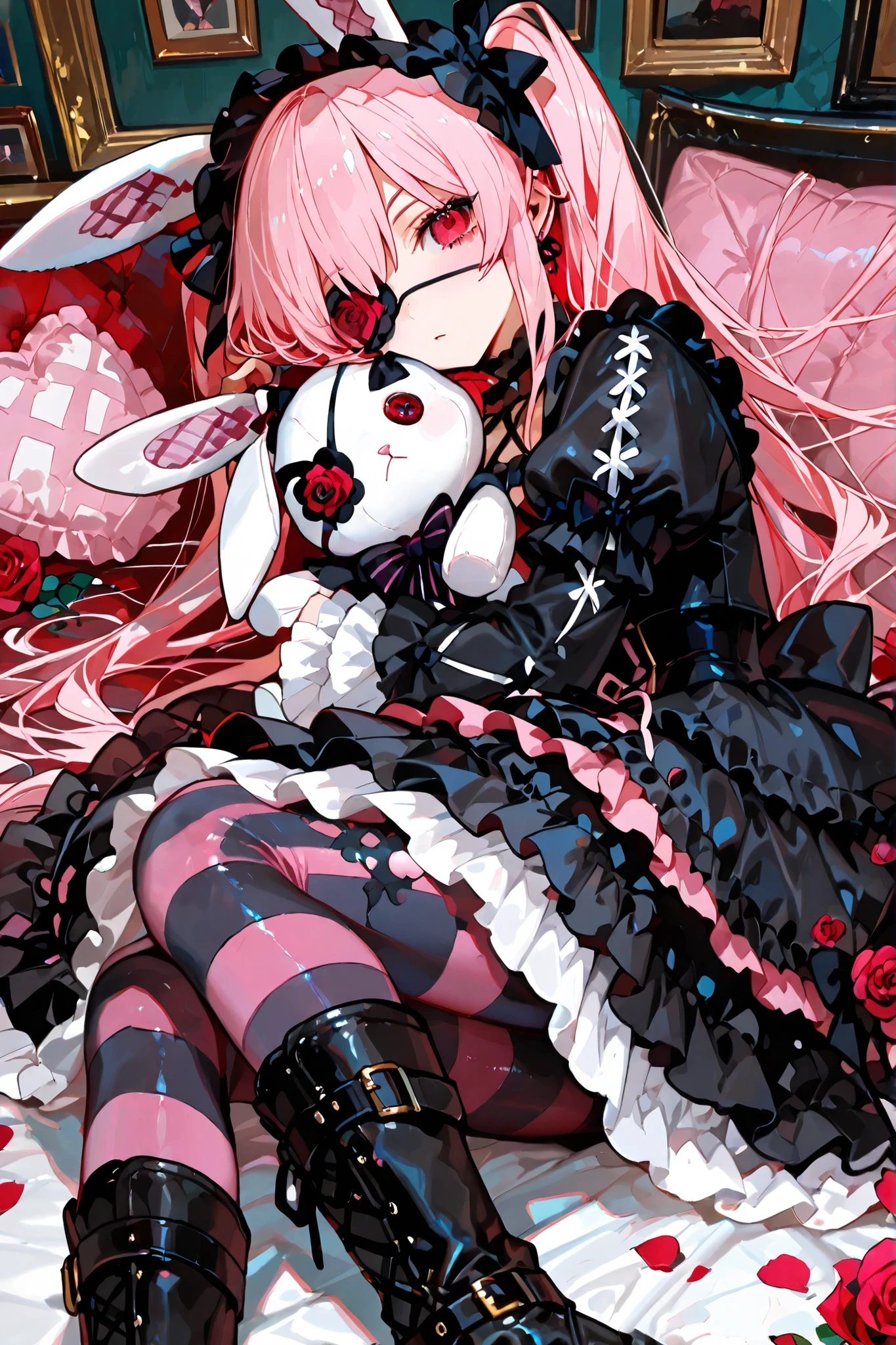 (masterpiece:1.3, Highest Quality :1.3, detailed description :1.3, high resolution :1.3, High Quality Anime Paintings ), ( 1 girl\ Gothic Lolita,long skirt,long gown, Big black boots , Black and Pink Striped Tights , Rose-patterned eyepatch , stuffed rabbit ), ( Fantasy Animation Art , Great use of color , Best Color Expression , Amazingly Beautiful Color Expression