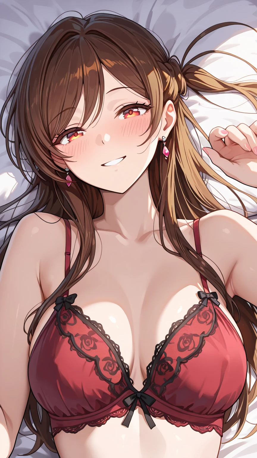 ((masterpiece, best quality, highres, UHD, perfect pixel, depth of field, 4k, RTX, HDR))), 1girl, single, solo, beautiful anime girl, beautiful artstyle, anime character, 24 years old, ((long hair, bangs, dark brown hair, messy hair:1.75, curly hair)), ((detailed face, blushing:1.2)), ((smooth texture:0.75, realistic texture:0.5, anime CG style)), ((medium breasts, cleavage, :0.2)), indoor, bedroom, dynamic angle, busty, perfect body, ((fall asleep on the bed, supine, half open eyes, wake up)), ((close up, POV, cute, shot on face, sighing expression)), ((maroon bra color, maroon lingerie)), natural light