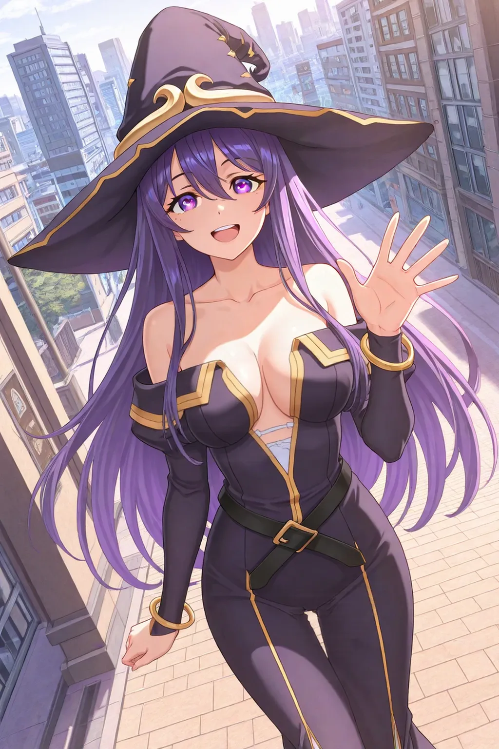 violet hair, black colored dress, green eyes, gigantic breasts, cleavage, bare legs, smiling