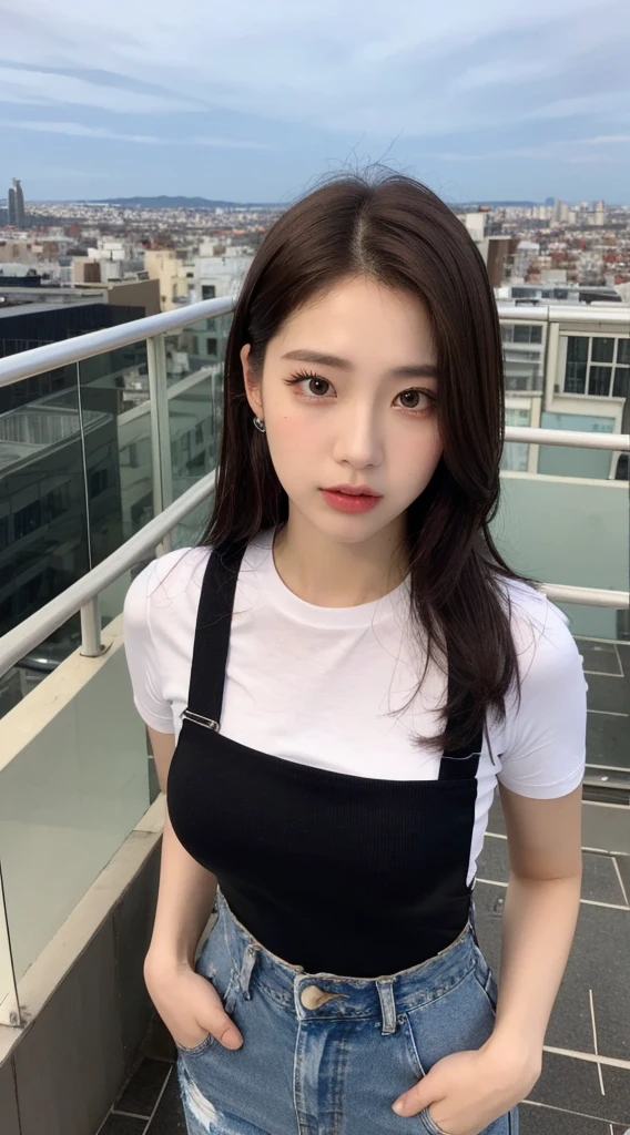 ((Midnight, Best quality, 8k, Masterpiece :1.3)), Whole body, Long legs, Sharp focus :1.2, A pretty woman with perfect figure :1.4, Slender abs :1.1, ((Dark brown hair,  :1.2)), (gray tight tshirt, Jean bib, Standing:1.2), ((night city view, city street:1.3)), Highly detailed face and skin texture, Detailed eyes, Double eyelid, slightly smile