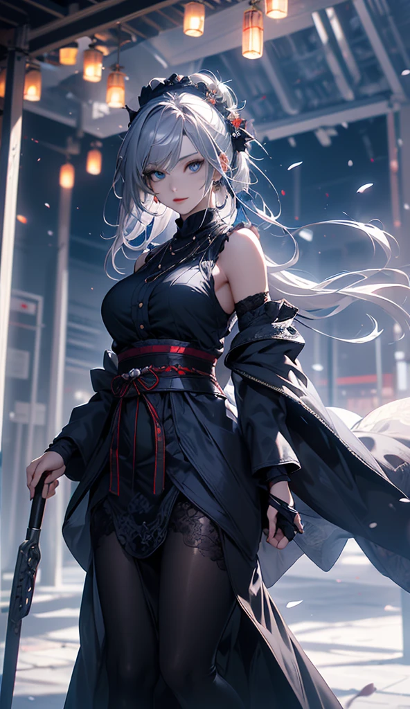 (((Awakening))),(((Highest quality))),((Aura overflowing)),(shape),(Dynamic Angle), ((Oriental Project)),(Slim body),((Disheveled Hair)), (((Voluptuous body))),(((Use your sword skills))), ((girl wearing black tights)), (((View from the front))),((Beautifully detailed body)),((Shoulders are )),(((Mysterious and sparkling blue eyes)))Gray Hair, ((Colorful Hair)),((long hair with stripes)), Beautiful attention to detail,(Gradient color eyes),(((Delicate eyes))), (((background))),(((High saturation))),(((konpaku youmu))),(((In front of the cherry blossoms at night))