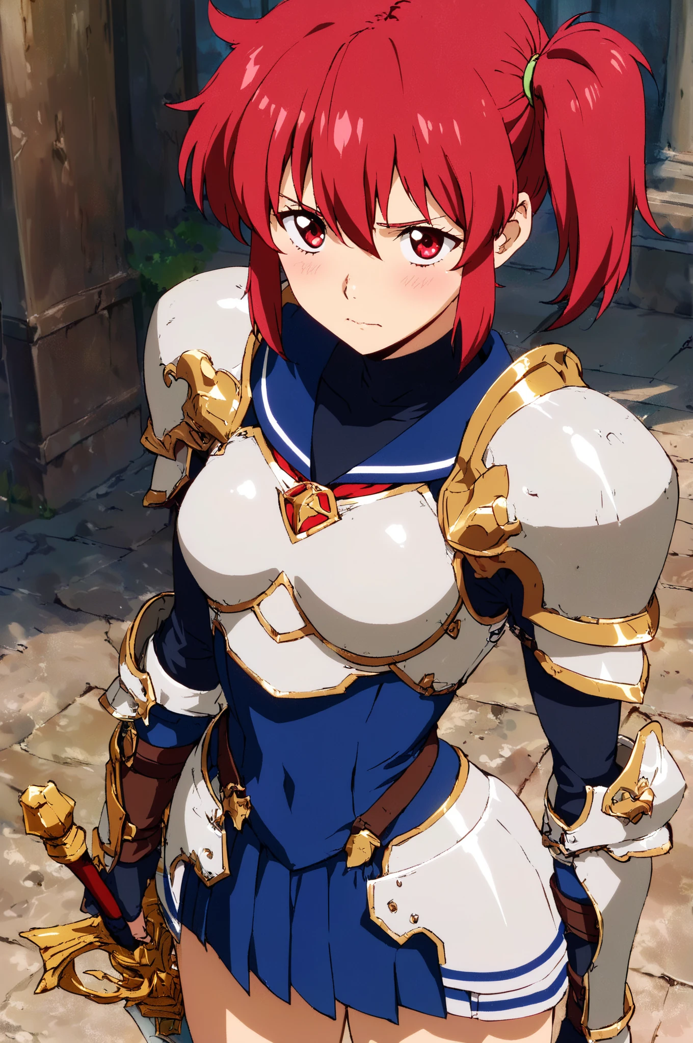 1girl, solo, red hair, red eyes, short hair, headdress, serious, bodysuit, skirt, collar, breast plate, single shoulder pad, elbow gloves, black thighhighs, boots, greaves, standing, hand on hand on own chest, clenched hand, proud, anime screencap  <lora:Cecily 1.5:1>masterpiece