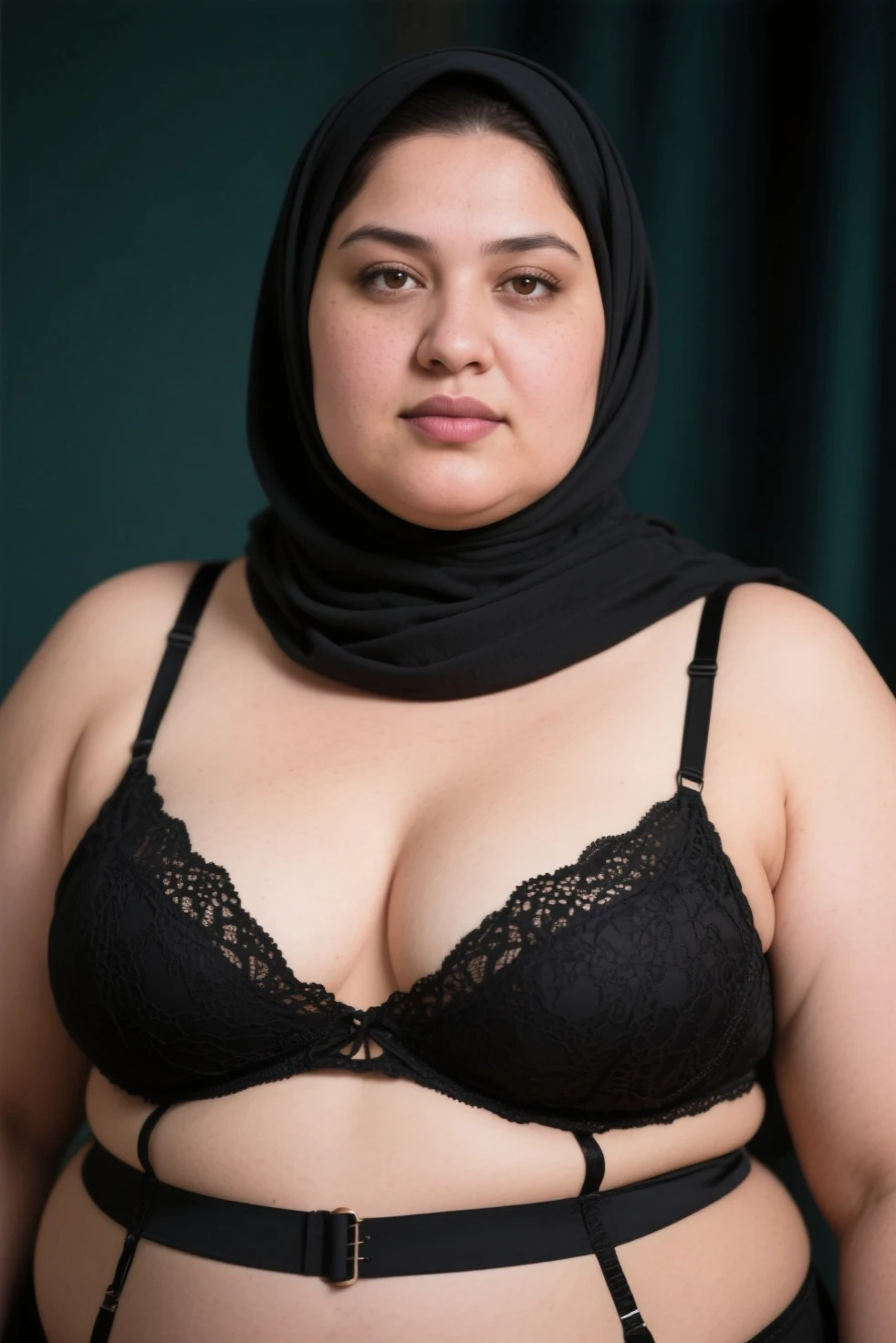 ((best quality)), (masterpiece), (perfect face), (perfect body shape), (detailed image), Chubby woman in hijab, Wearing , ultra-sensuelle underwear, curvy plump body, perfect body, room as background , sexy style