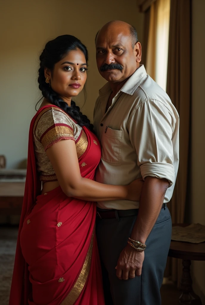 Beautiful and Slim Indian woman in black blouse red saree , lifting a large chubby man above her shoulders, man is sitting on woman's shoulders, natural smile, in a bedroom with high ceiling at night