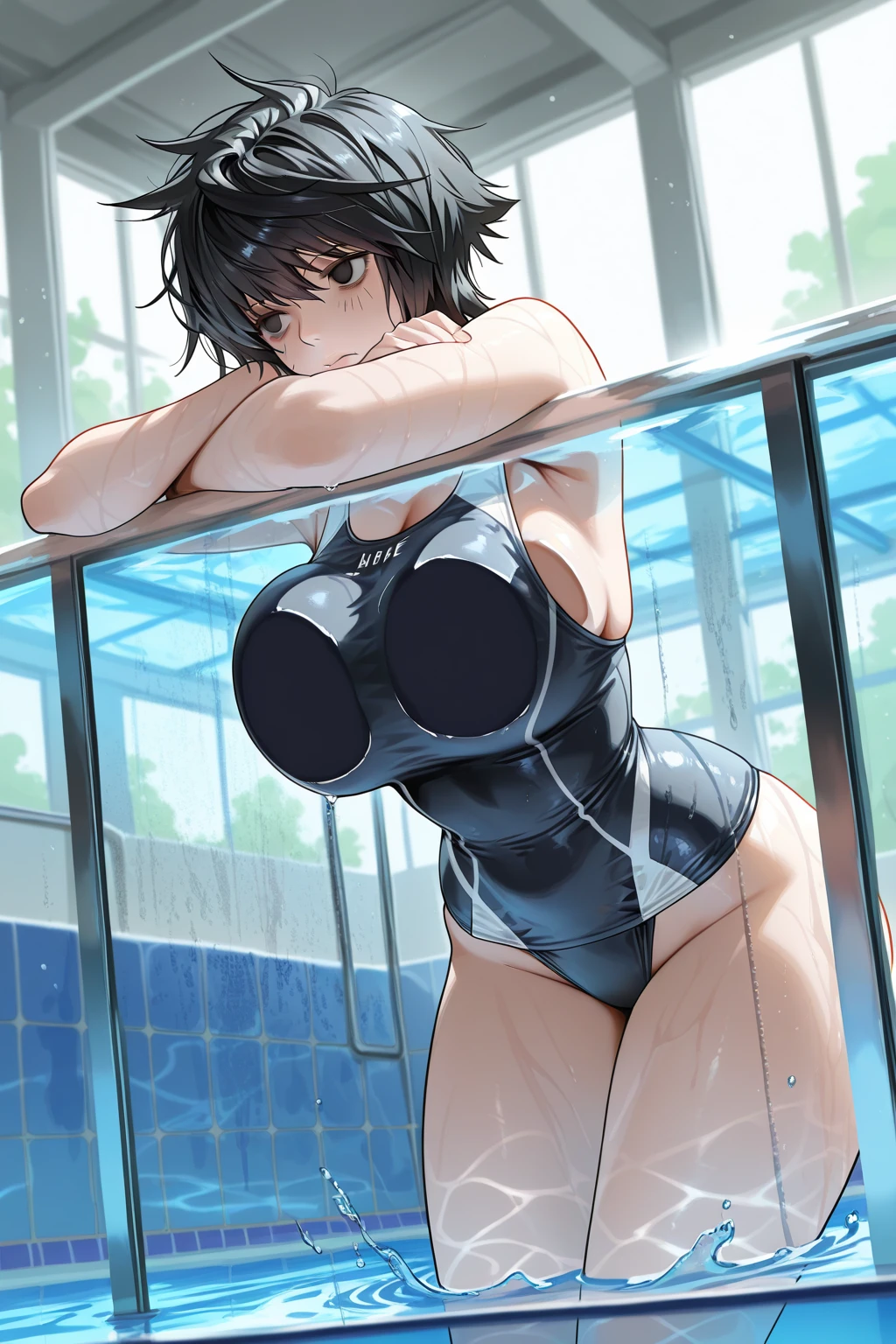 ShigureKancolle, single braid, hair flaps,((masterpiece)),((best quality)),((high resolution)), ((ultra-detailed)),old style school swimsuit, one-piece swimsuit, navy blue school swimsuit, landless swimsuit ,completely Iron collar, 1girl, Solo, disdain,disgust,blush, ((squatting)), ((arms behind head)), (spread legs wide),(from front),((concrete background)),in a cage,((caged)),prison,basement,perfect anatomy,barefoot,