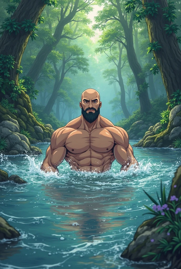 (1orc, solo, (from behind, menacing) ), (orc is male with big dick, nude , bald, muscular, (detailed eyes, face)), (background, enchanted forest, flowers, waterfall), (full body), (detail):1.1