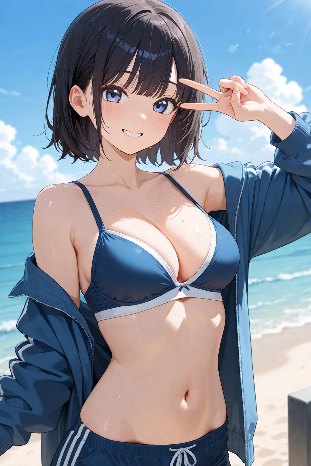 ((Highest quality)),(Ultra-high resolution),(Very detailed),(Detailed Description),((The best CG)),(A masterpiece),Ultra-detailed art,Amazing painting art,(Art with precise details:1.5), Portraiture:1.6,Beautiful and well-proportioned face:1.5、smile、nsfw、 Large Breasts, Nude, nipple, ((Completely naked)), beach, White cloud、Blue sky、 Are standing, ((Watanabe You)), (((pubic hair))), salute