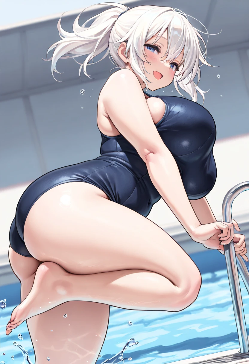 shark girl,furry,Shark tail,Cute Moe,big breasts,Good quality,Good resolution,Go to the changing room.,White one-piece swimsuit,Wet,nighttime,Good light and shadow details,shade,sexy pose,