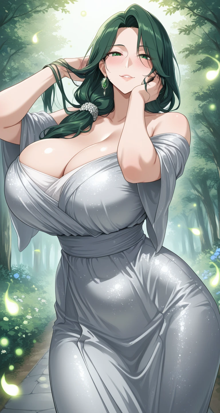 Masterpiece, 1girl ,solo,huge breasts, ghost costume , (hitodama) ,night, tombstone, graveyard, long sleeves, very long sleeves, , ghost, pale skin,, off shoulder, cleavage, no bra, (((extremely long green hair))), lying on ground by tombstone, bare legs, shredded tattered clothes, curvy wide hips, massive breasts, chubby thighs, (((beautiful bright blue anime eyes))), japanese graveyard, from above, full lips, cute smile, beautiful mature face, MILF