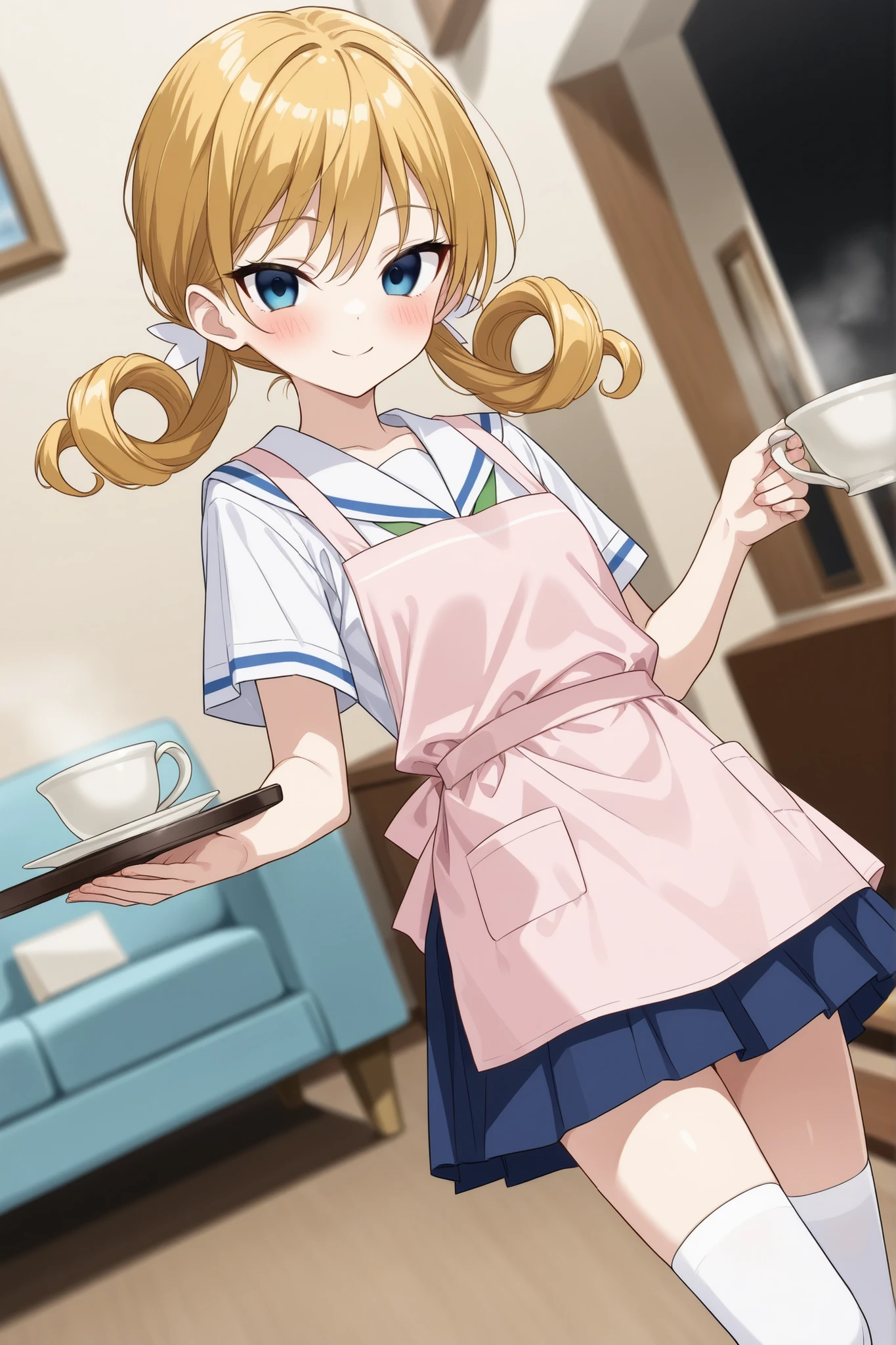 a high-quality digital drawing, clean and sharp details, anatomically correct, 1girl, (masterpiece), (8k quality), (top rated on pixiv), ((safe for work)), (depth of field), ((score_9)), ((littlegirl)),
break,
((small round face)), ((fair skin)),
break,
((long golden hair)), ((curly pigtails)), ((detailed blue eyes)), ((tsurime)), ((yandere eyes)), smooth bangs,
break,
((japanese middle school summer uniform)), ((white thigh-high socks)), ((pink apron)), ((slim build)),
break,
((dutch angle)), ((beautiful smile)), ((blush)), ((serving tea)), ((afternoon glow)), ((living room))