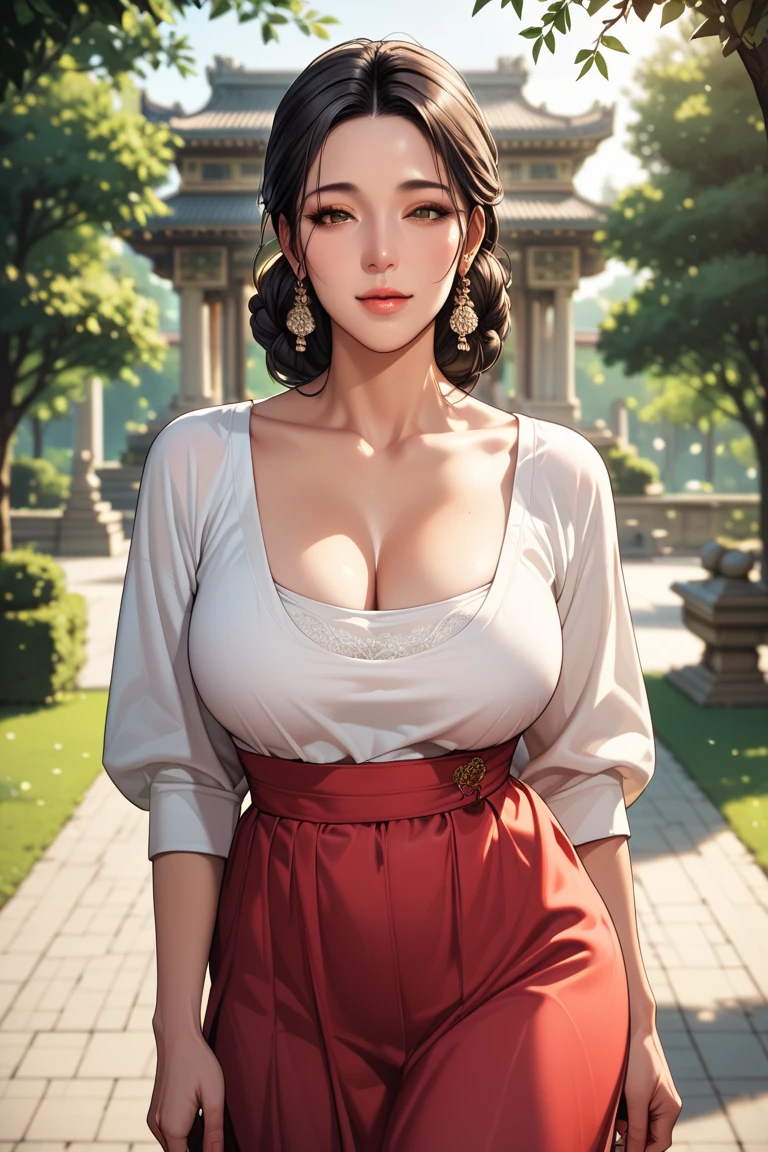 frontal view, very beautiful woman coy smile while biting her lower lip and facing the viewer, traditional, photo realistic style, sexy sleeveless kimono, white huge breasts, open cleavage, waist thin, adoring expression is the focus, arms above and behind her head