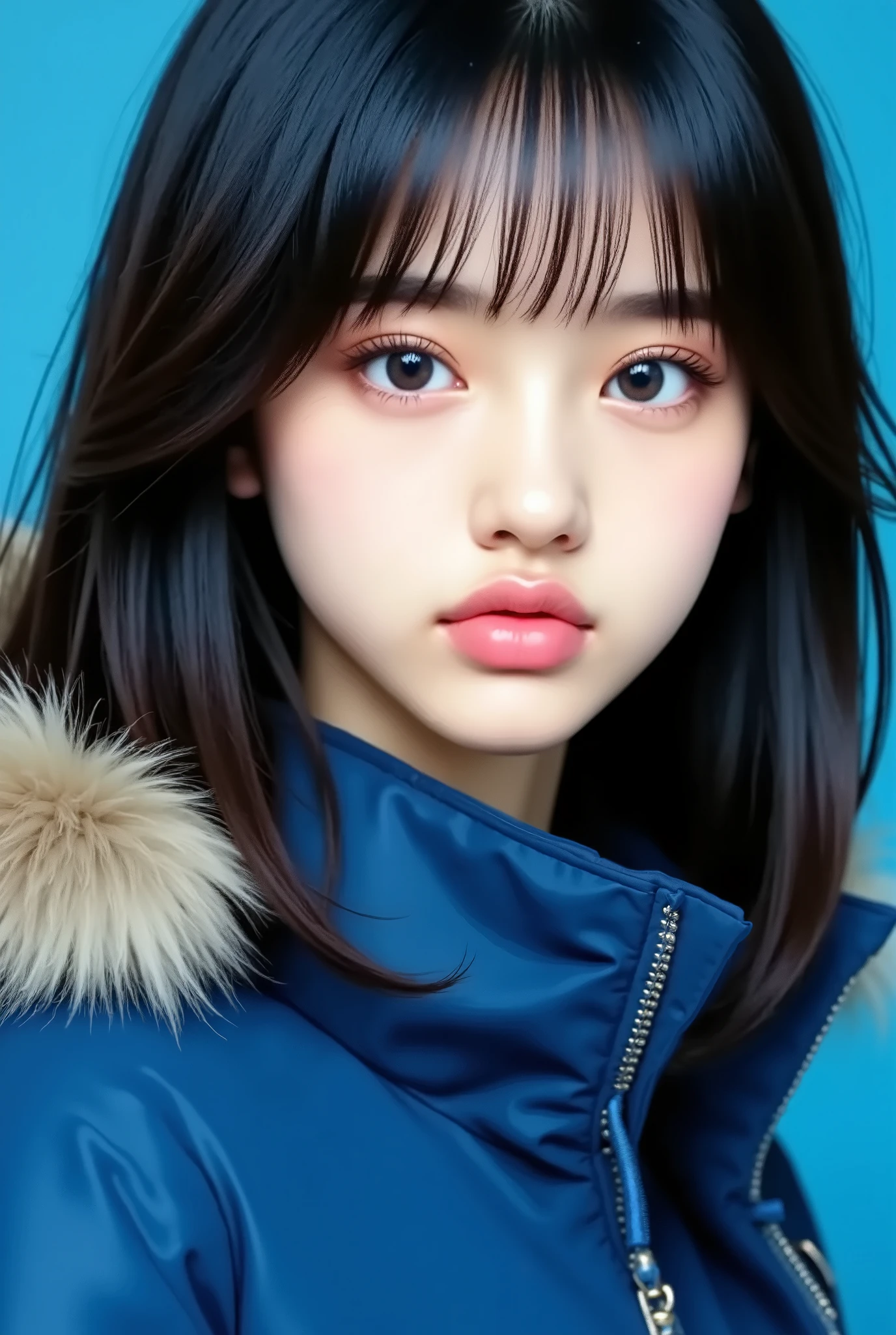 8k , masterpiece , Highest Quality , 23 year old beautiful Korean woman , wearing headlace with name color blue "May" , pure white straight hair , dark eyebrows , thick eyelashes , direct line of sight , No expression , warm blue eyes , blue parka jacket , The black outline , head , blue background
