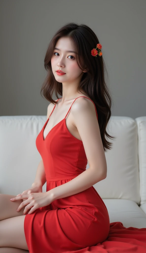 (masterpiece, best quality), 1girl, red dress, pantyhose, cute face, blush,