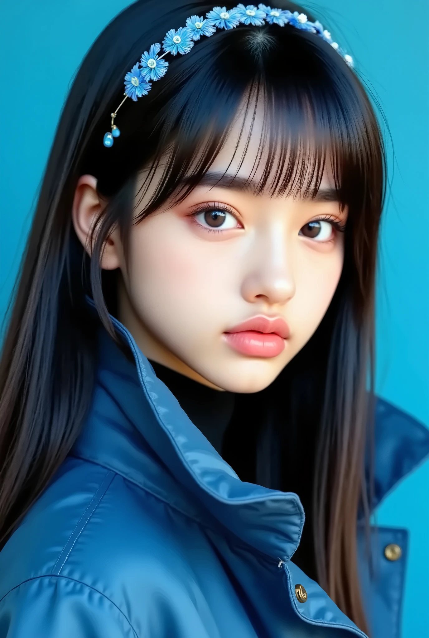 8k , masterpiece , Highest Quality , 23 year old beautiful Korean woman , wearing headlace with name color blue "May" , pure white straight hair , dark eyebrows , thick eyelashes , direct line of sight , No expression , warm blue eyes , blue parka jacket , The black outline , head , blue background