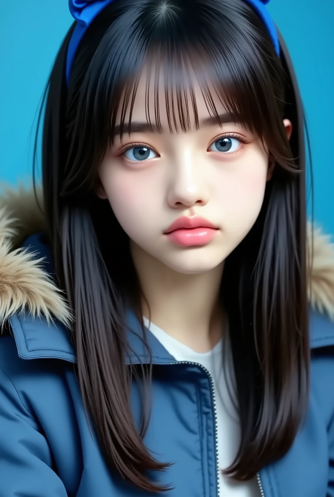 8k , masterpiece , Highest Quality , 23 year old beautiful Korean woman , wearing headlace with name color blue "May" , pure white straight hair , dark eyebrows , thick eyelashes , direct line of sight , No expression , warm blue eyes , blue parka jacket , The black outline , head , blue background