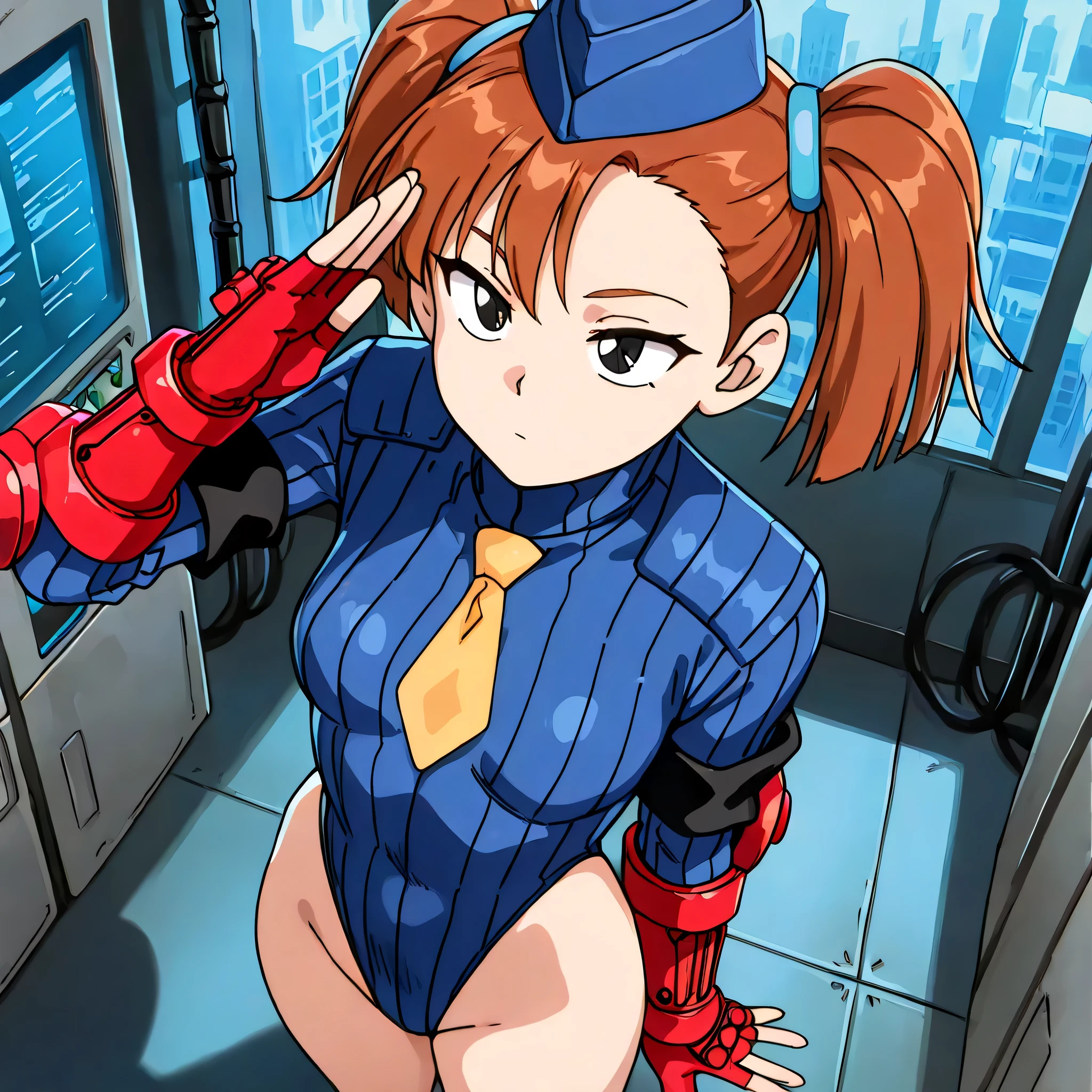 ultra-detailed, Explicit, Beautiful body, Beautiful Nose, Beautiful character design, perfect eyes, perfect face, ultra highres, 4K, beautiful legs, perfect legs, Nice hands, Perfect hand, Masterpiece, Best Quality, Highly detailed, illustration, absurdres, perfect anatomy, street fighter, doll suit, shadaloo doll, dollsuit, expressionless, blank eyes, looking at viewer, red gloves, emotionless, black latex, corrution, mind control, female combatant, full body, hypnotized, unhappy trance, full body suit, ribbed bodysuit, both arms at side, obey, perfect female body, extremely glossy latex, hypnosis, hypnoLora, empty eyes, Mind control device, poses, submissive_pose, Slave, standing straight, standing, standing at attention, hat, necktie, belt, latex, ribbed bodysuit, thighhighs, garter belt, Fighting Stance, extending the right arm from the shoulder into the air with a straightened hand, military, thigh boots, 1girl, hair ornaments, brown hair, short hair, brown eyes, (((pixel-perfect, detail-perfect))), solo, 1girl, Fukuzawa Yumi, short twin tails