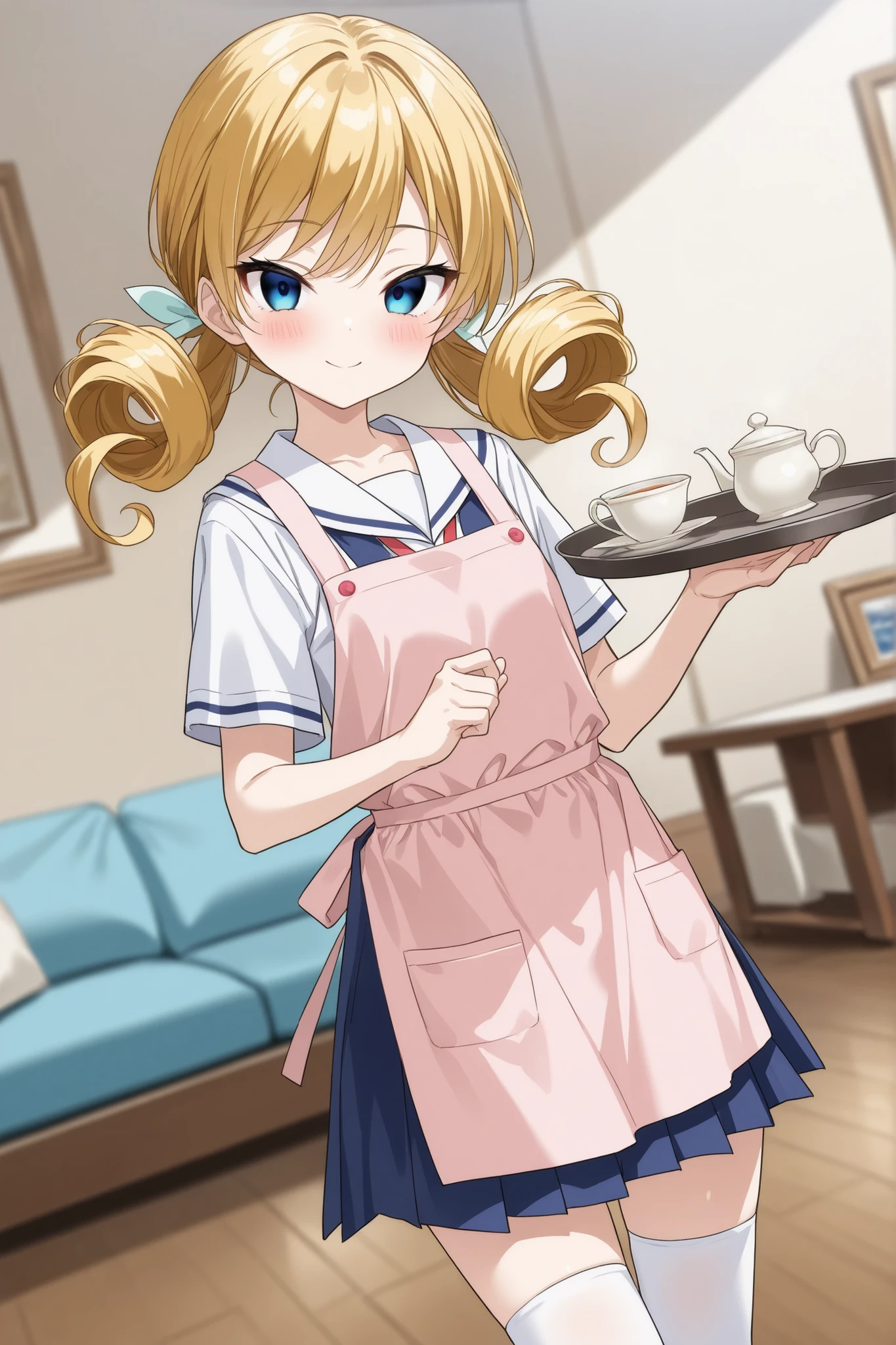 a high-quality digital drawing, clean and sharp details, anatomically correct, 1girl, (masterpiece), (8k quality), (top rated on pixiv), ((safe for work)), (depth of field), ((score_9)), ((littlegirl)),
break,
((small round face)), ((fair skin)),
break,
((long golden hair)), ((curly pigtails)), ((detailed blue eyes)), ((tsurime)), ((yandere eyes)), smooth bangs,
break,
((japanese middle school summer uniform)), ((white thigh-high socks)), ((pink apron)), ((slim build)),
break,
((dutch angle)), ((beautiful smile)), ((blush)), ((serving tea)), ((afternoon glow)), ((living room))