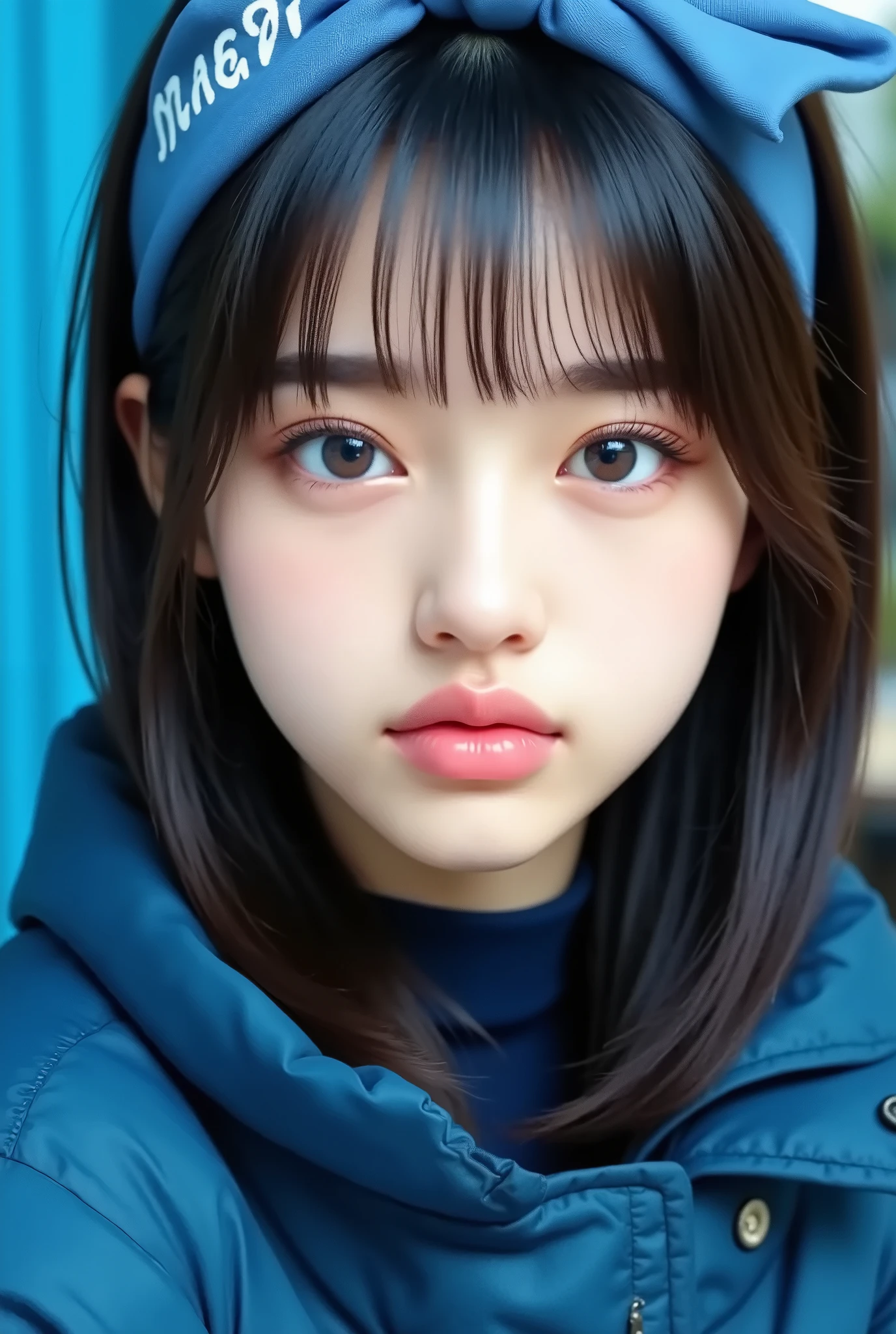 8k , masterpiece , Highest Quality , 23 year old beautiful Korean woman , wearing headlace with name color blue "May" , pure white straight hair , dark eyebrows , thick eyelashes , direct line of sight , No expression , warm blue eyes , blue parka jacket , The black outline , head , blue background