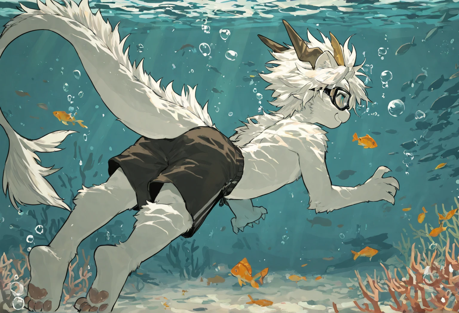 Under the Sea, Young male white cat wearing a white  jumping, An anime drawing by Puru, pixiv, furry art, sfw version, UHD, masterpiece, anatomically correct, textured skin, super detail, high details, high quality, best quality, highres, 8k