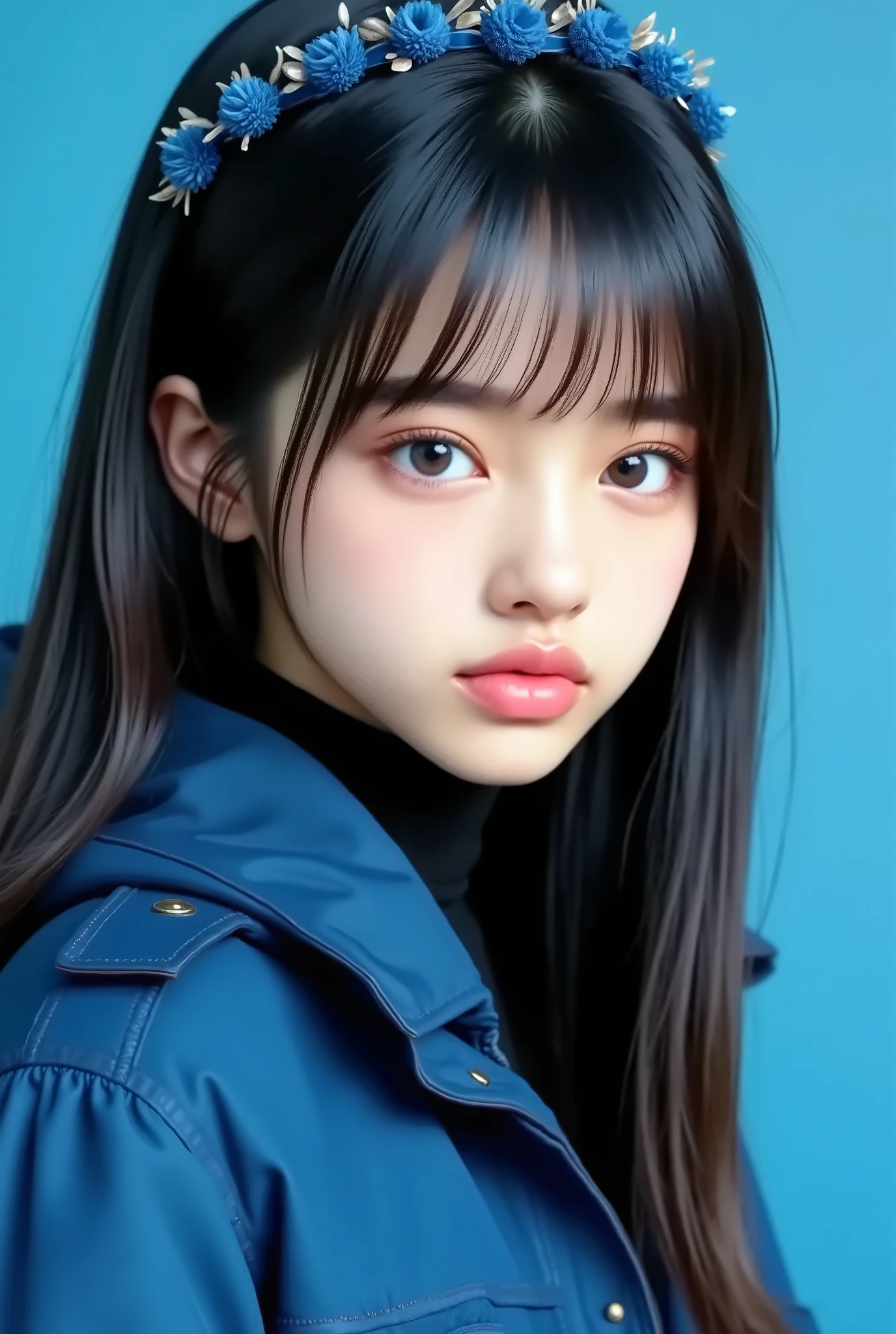 8k , masterpiece , Highest Quality , 23 year old beautiful Korean woman , wearing headlace with name color blue "May" , pure white straight hair , dark eyebrows , thick eyelashes , direct line of sight , No expression , warm blue eyes , blue parka jacket , The black outline , head , blue background